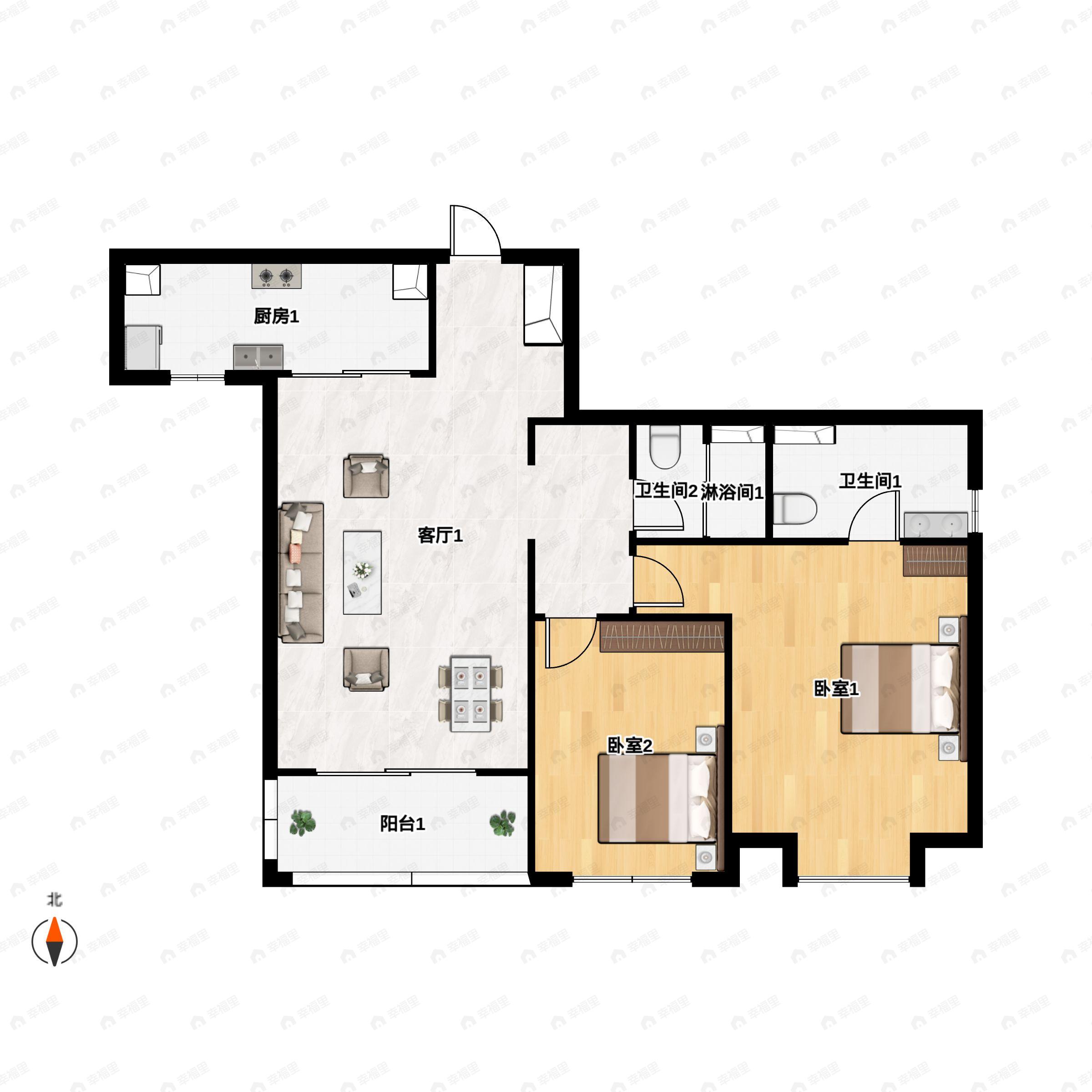 2室2厅2卫建面104平户型图
