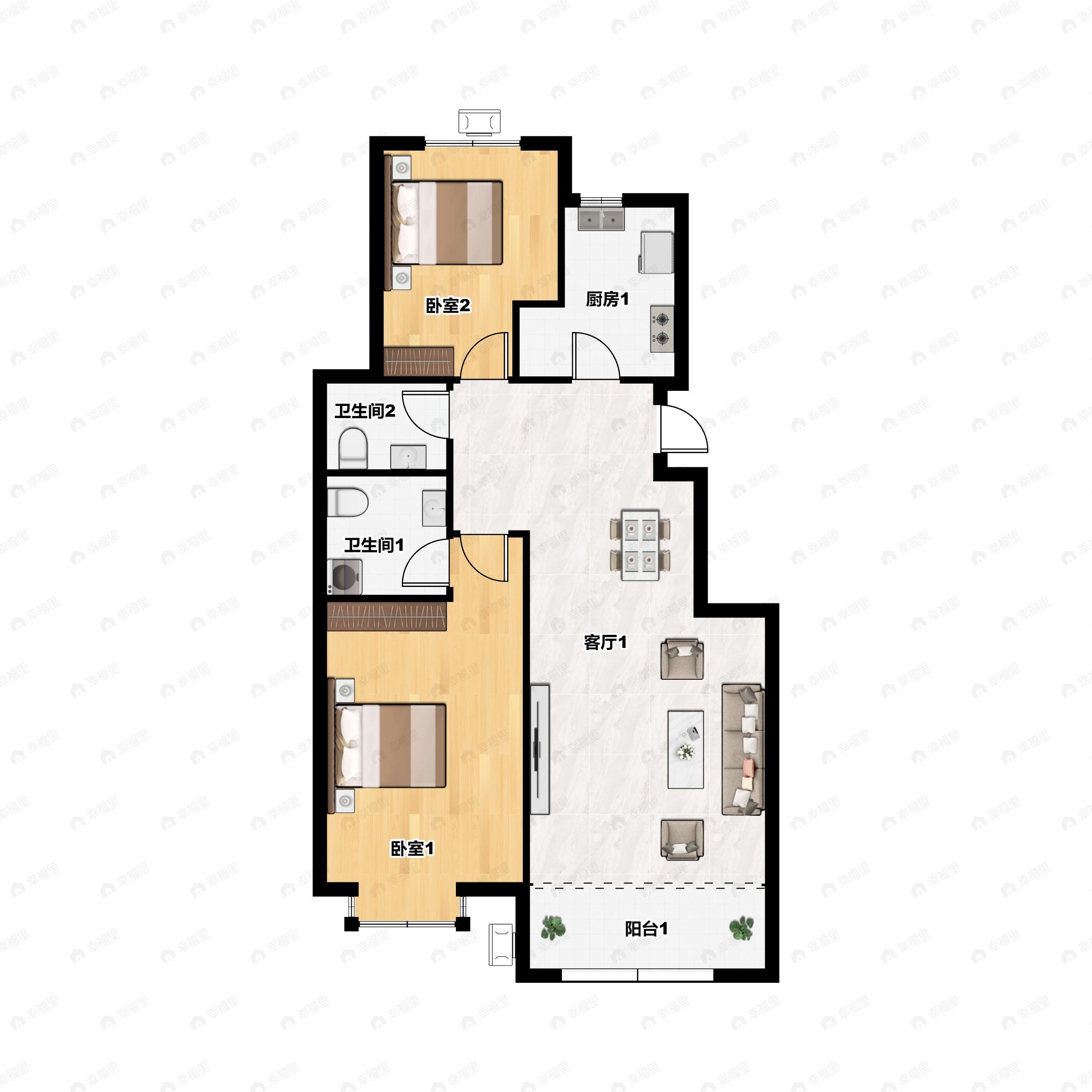 2室2厅2卫建面84m²北|南户型图
