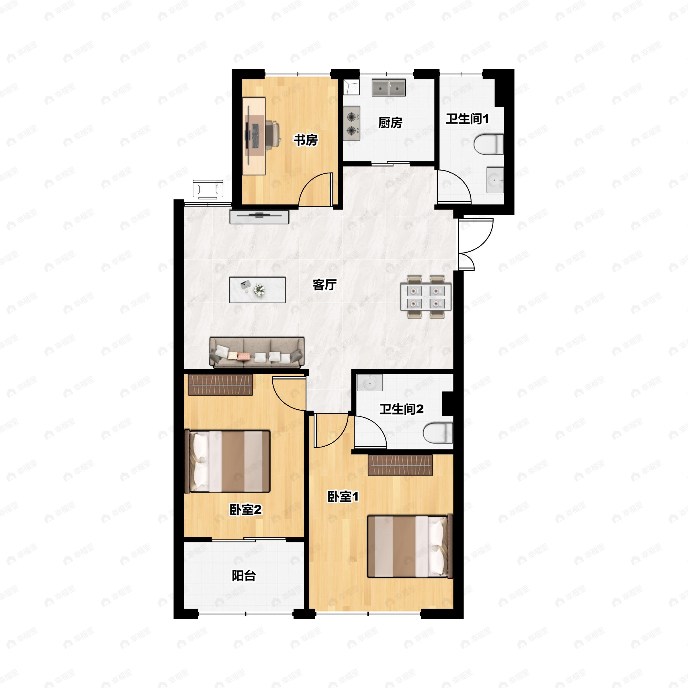 3室2厅2卫建面87平南户型图