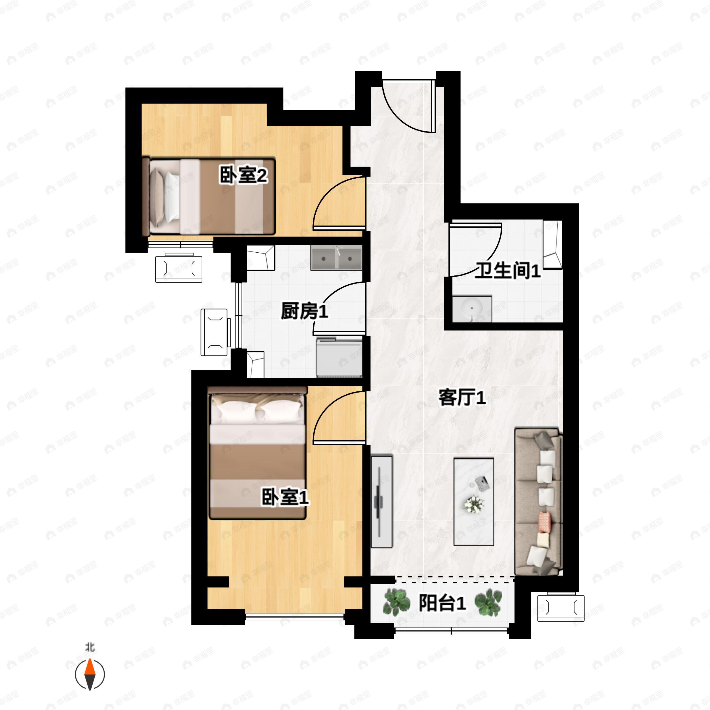 2室2厅1卫建面75m²南户型图
