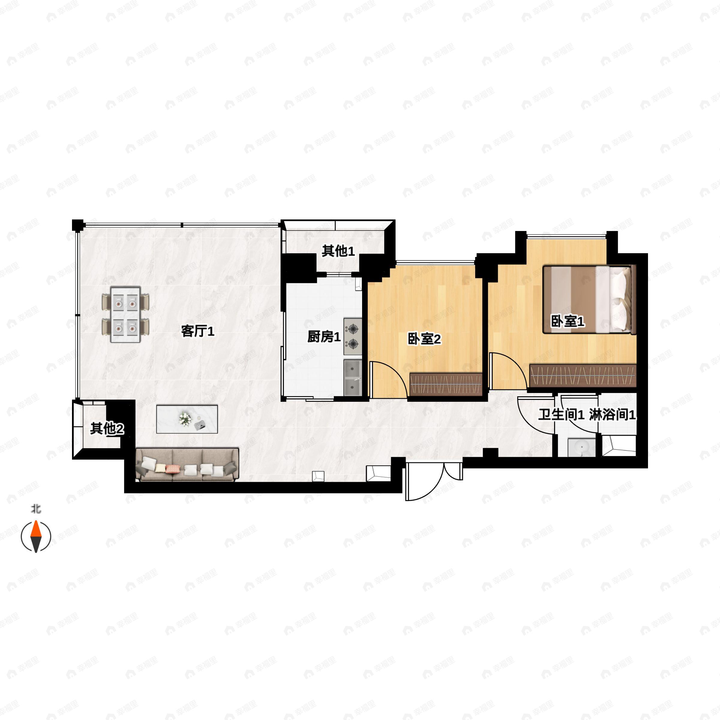 1室2厅1卫建面105m²南户型图