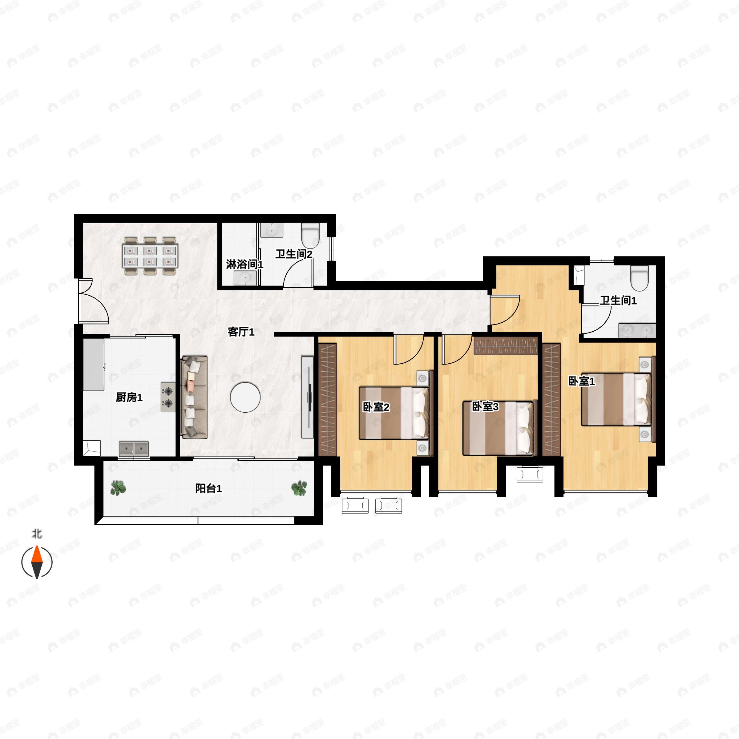 3室2厅2卫建面89平户型图