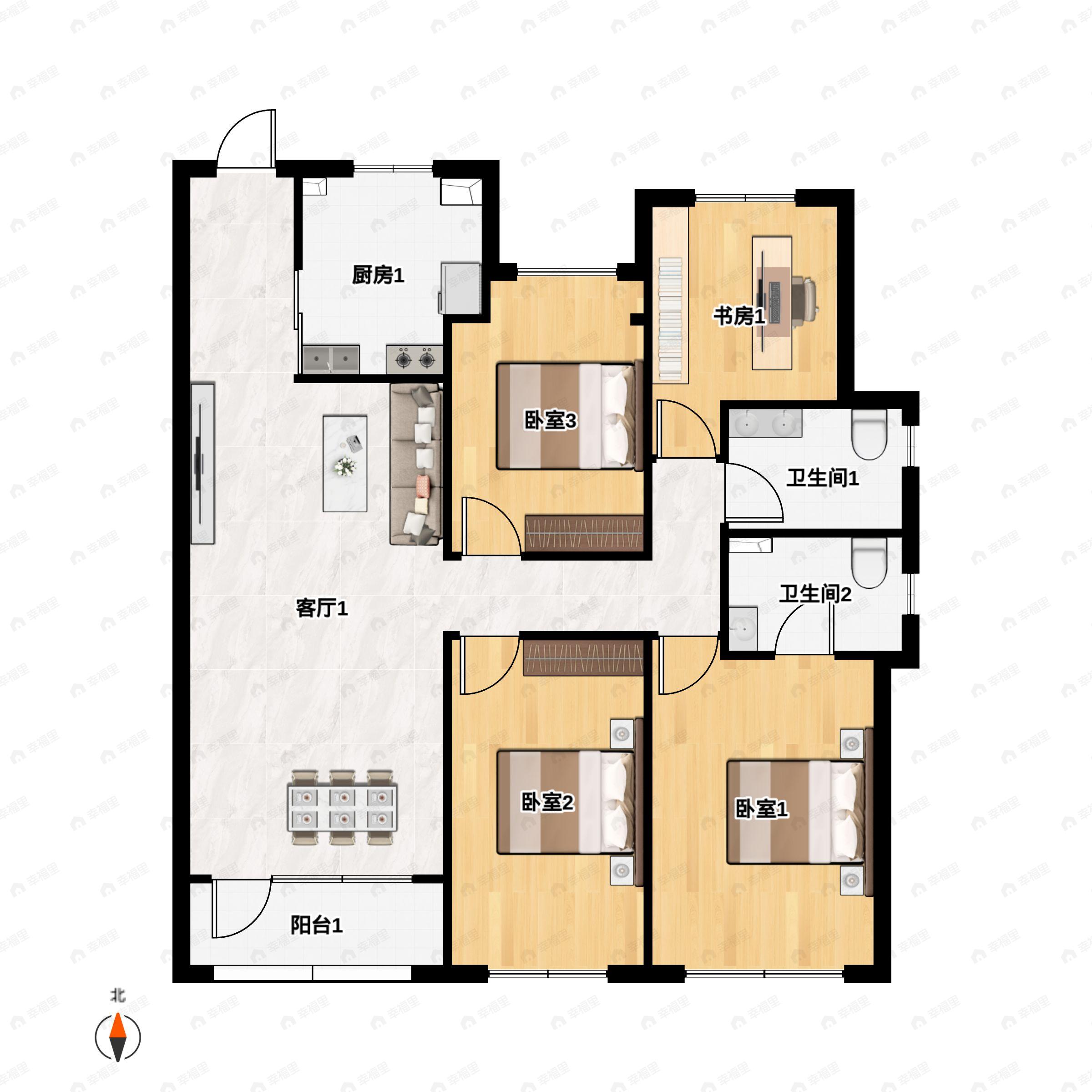 4室2厅2卫建面152平南|东|北户型图