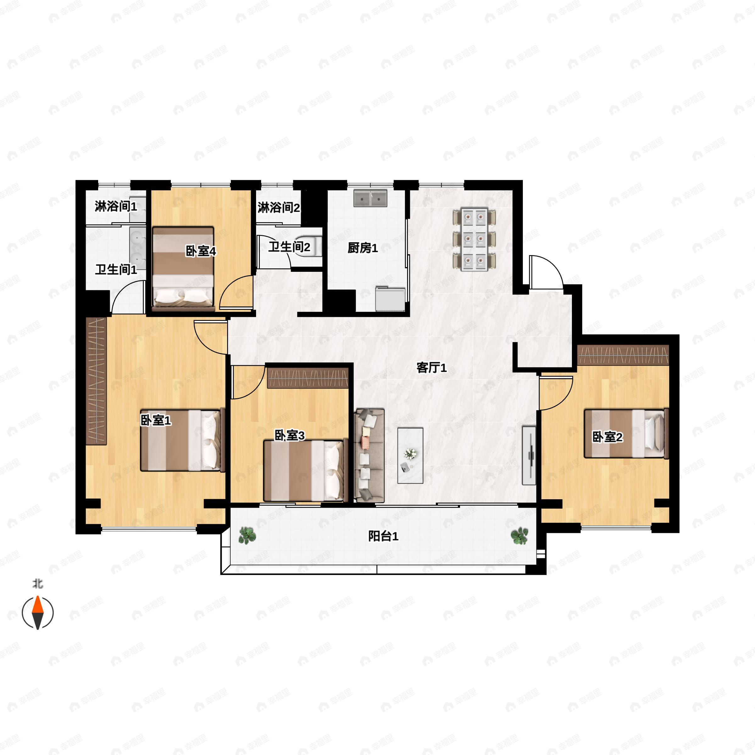 4室2厅2卫建面142平南|北户型图