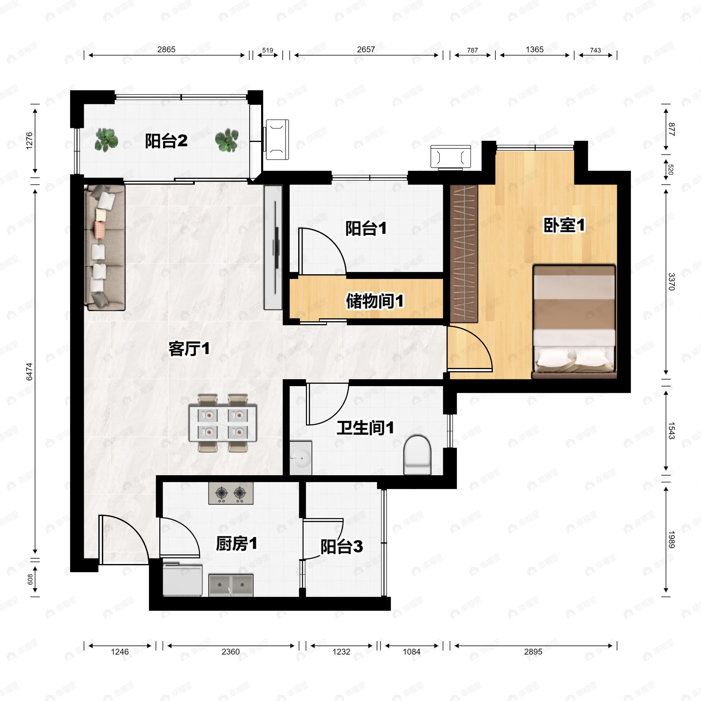 2室2厅1卫建面73平西户型图