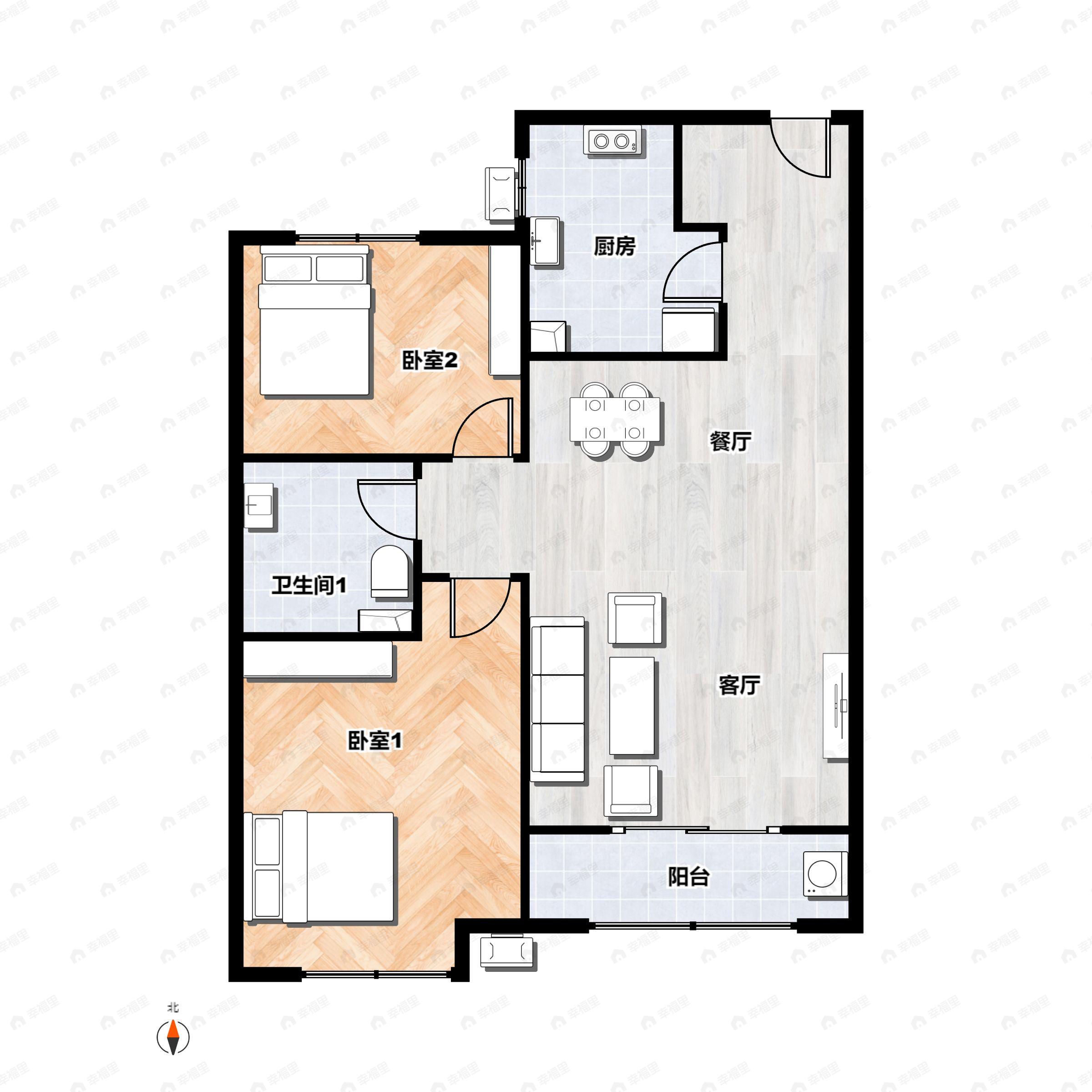 2室2厅1卫建面76m²南户型图