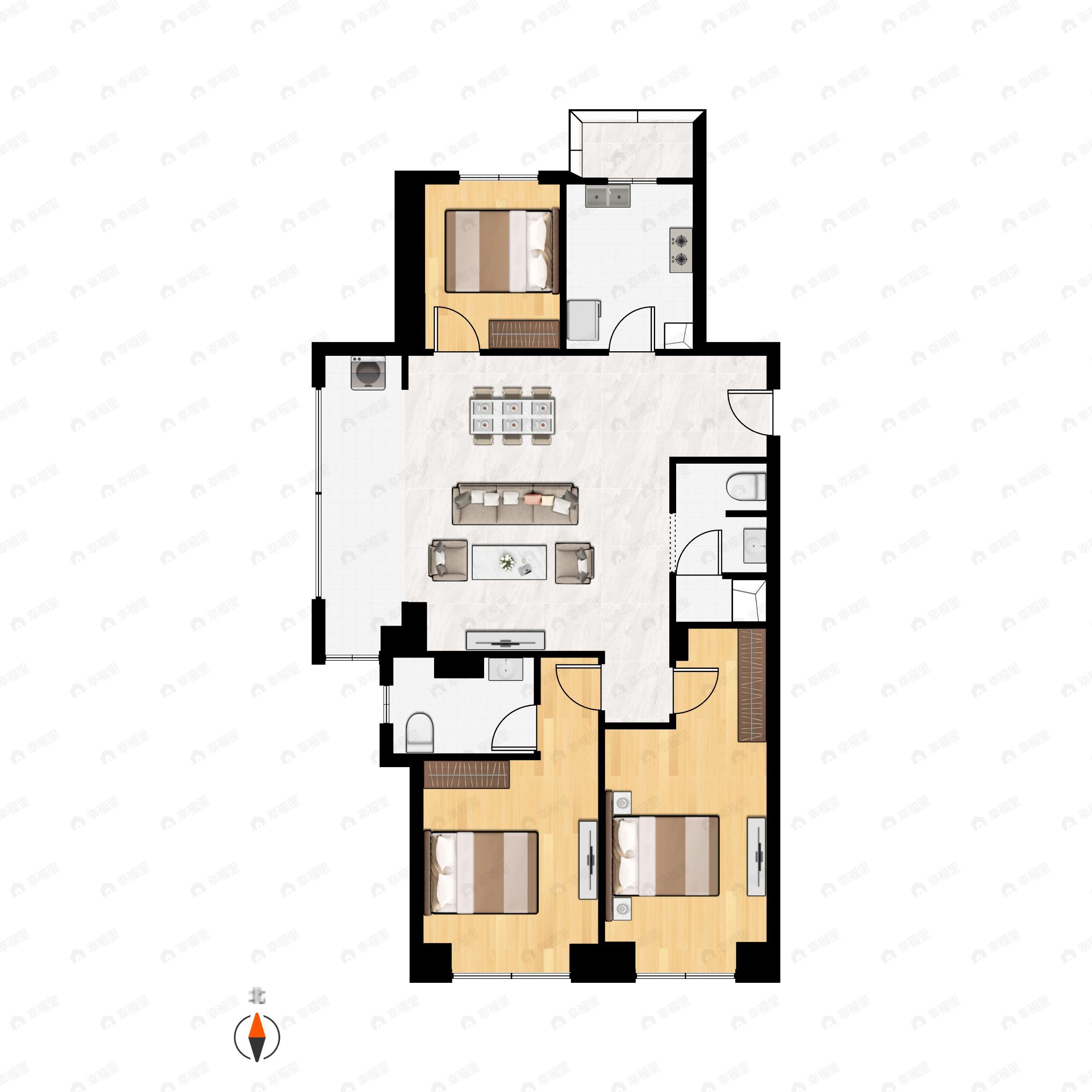 3室2厅2卫建面140m²南|北户型图