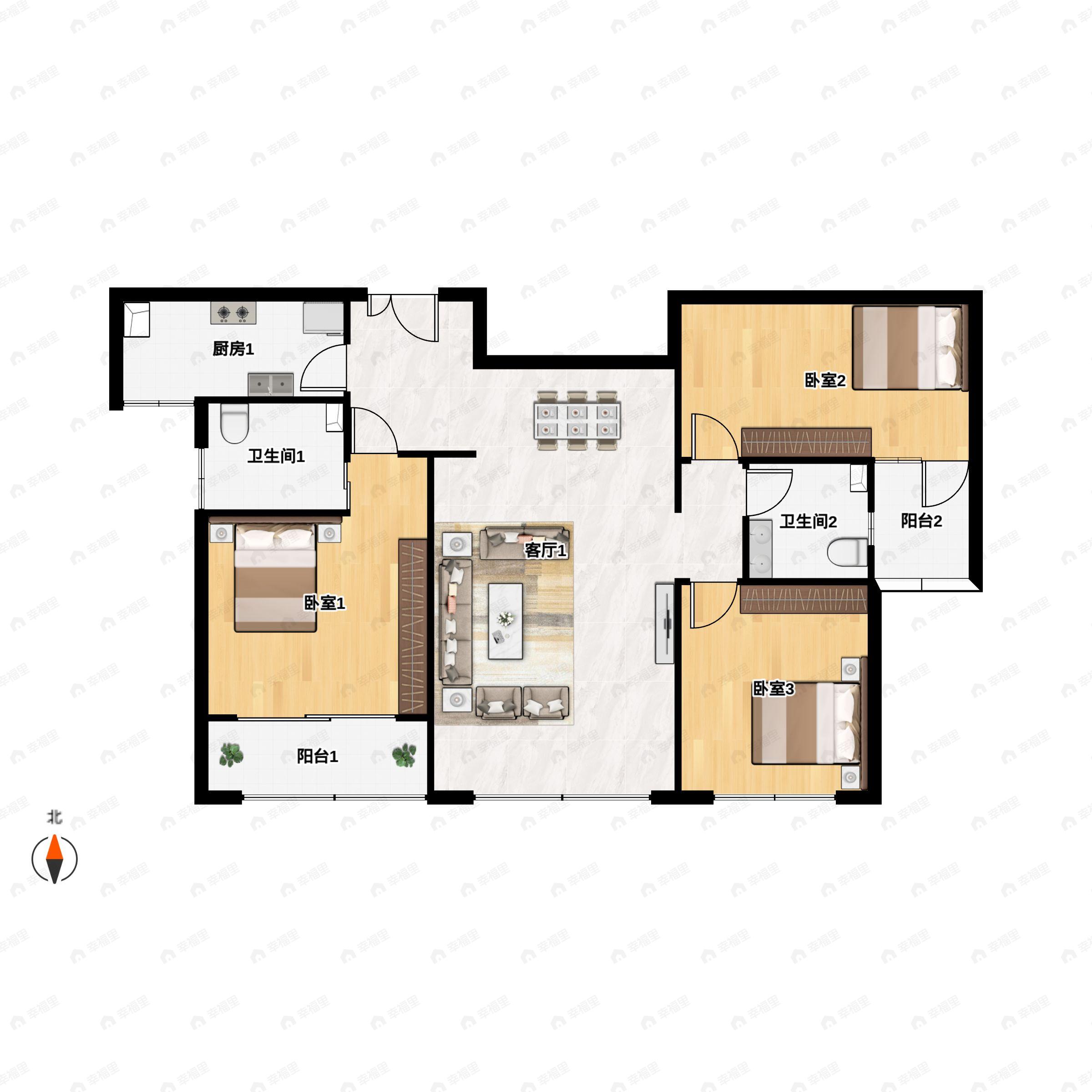 3室2厅2卫建面136平南户型图