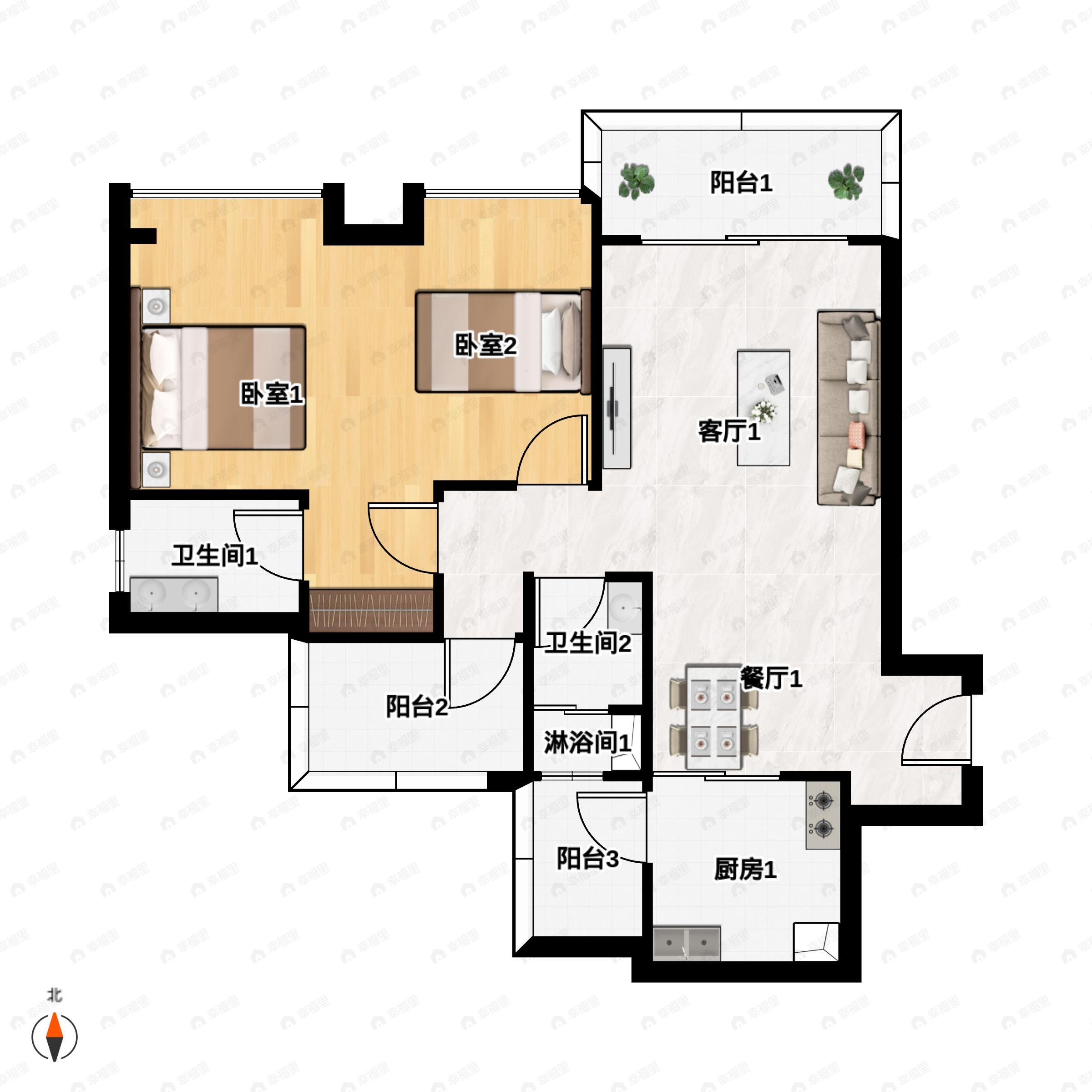 2室2厅2卫建面90m²南|北户型图