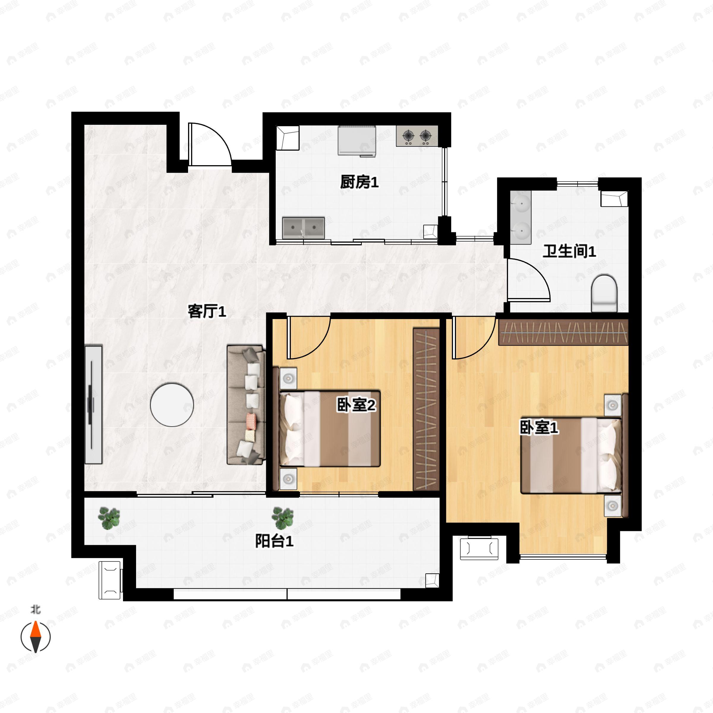2室2厅1卫建面97平北|南户型图