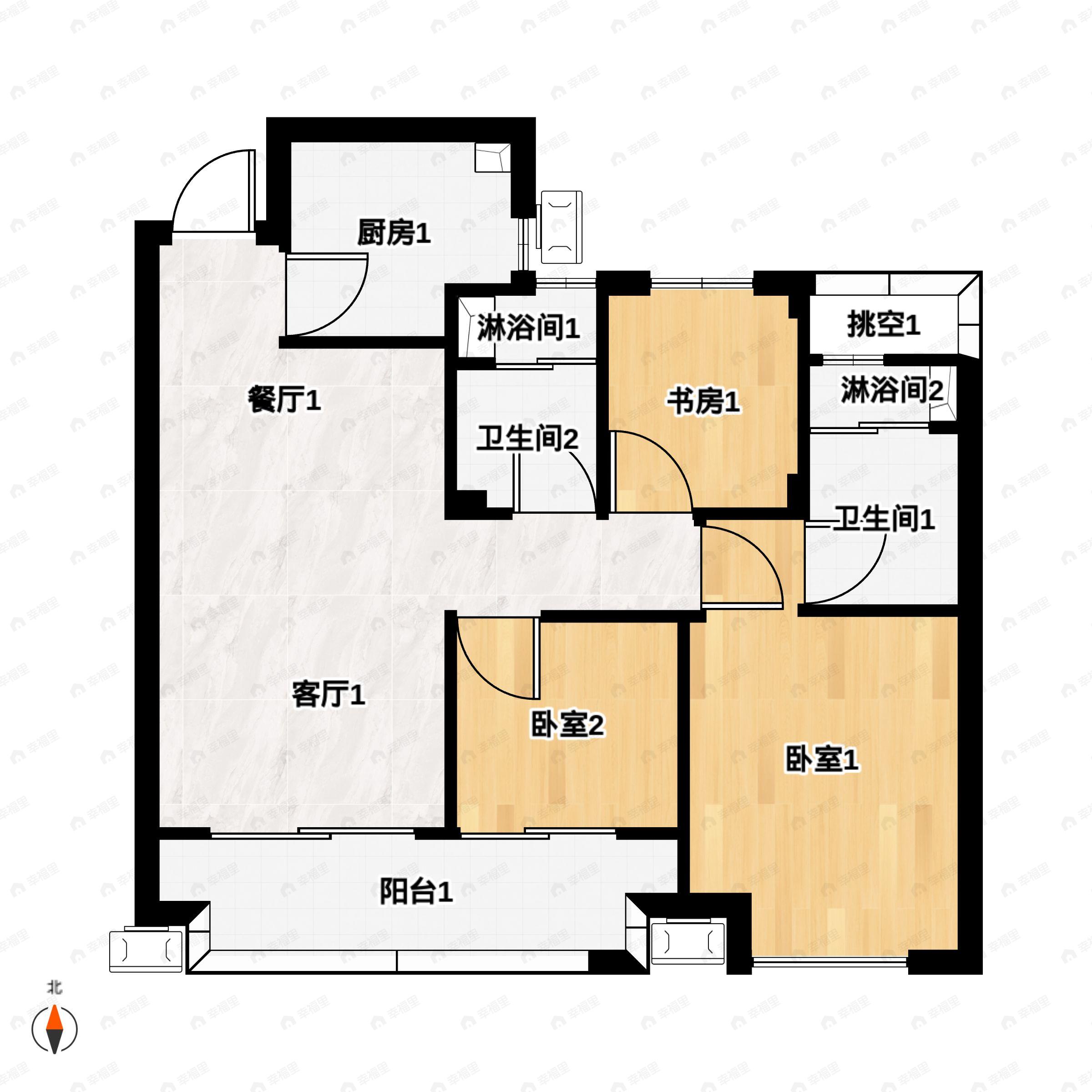 3室2厅2卫建面89平南户型图