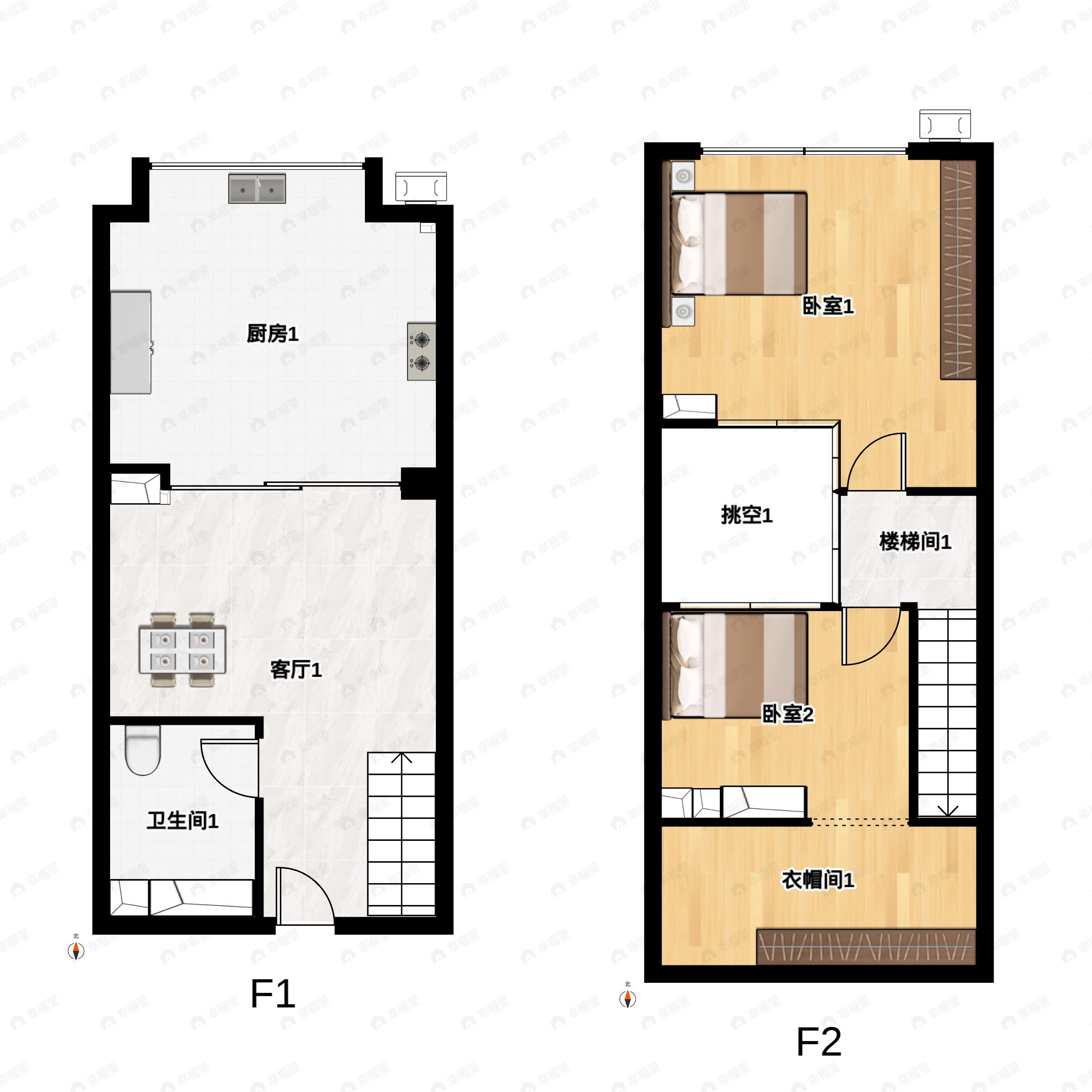 2室2厅1卫建面44平北户型图