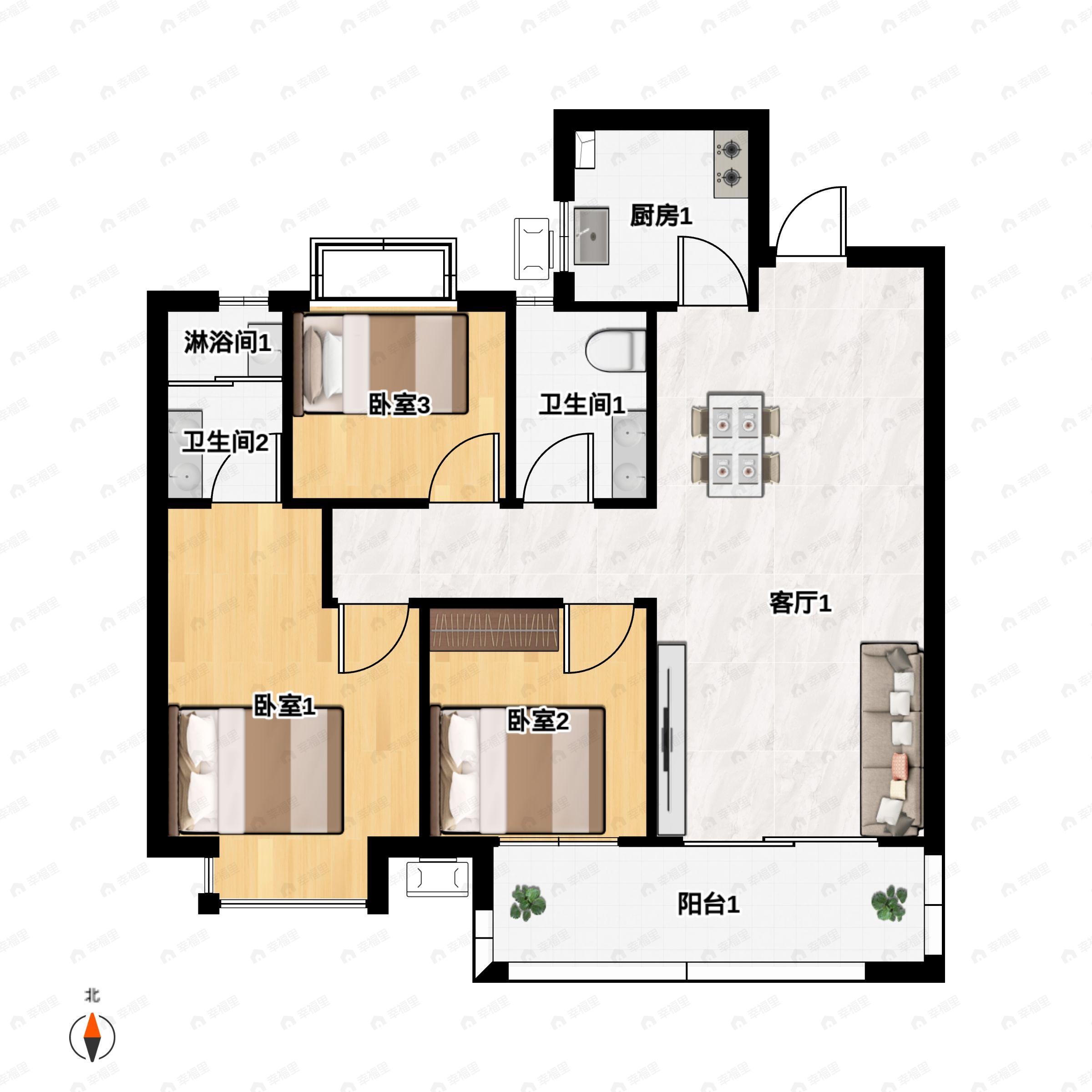 3室2厅2卫建面98m²南户型图