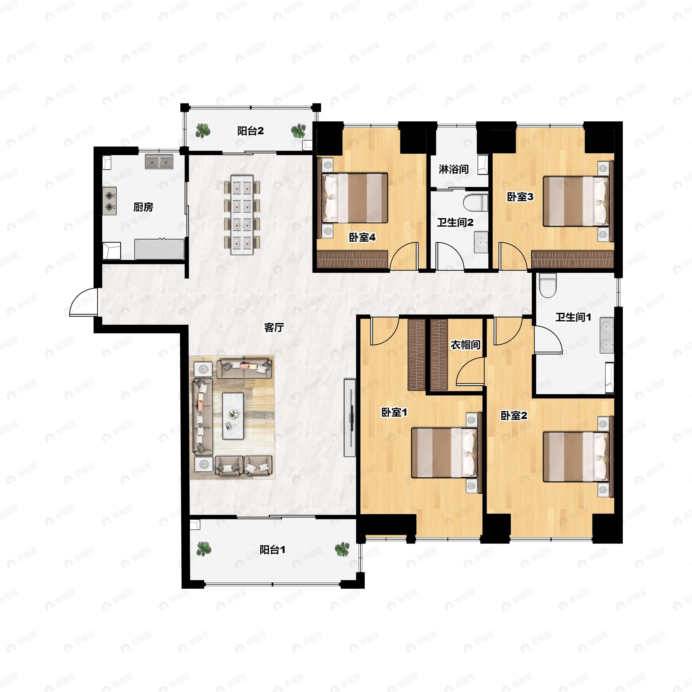 4室2厅2卫建面182平北|南户型图