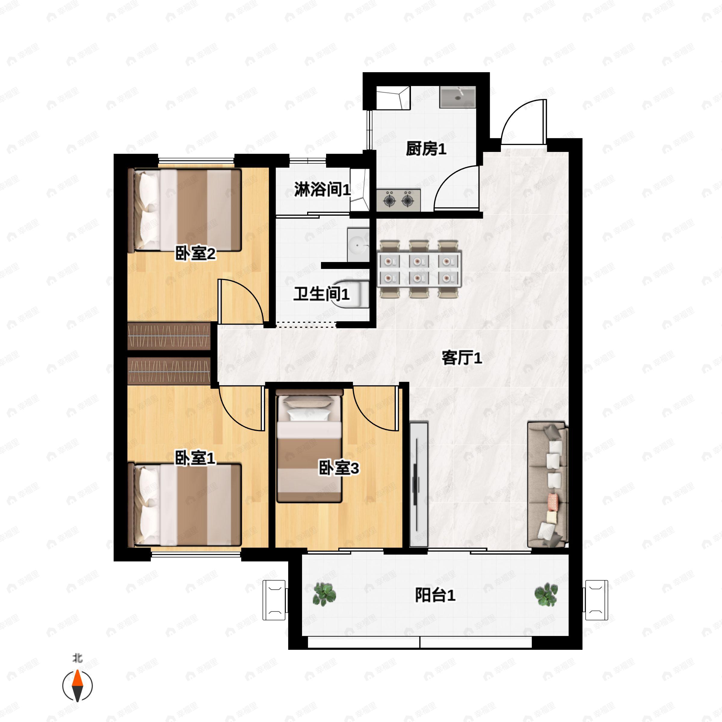 3室2厅1卫建面100m²北户型图