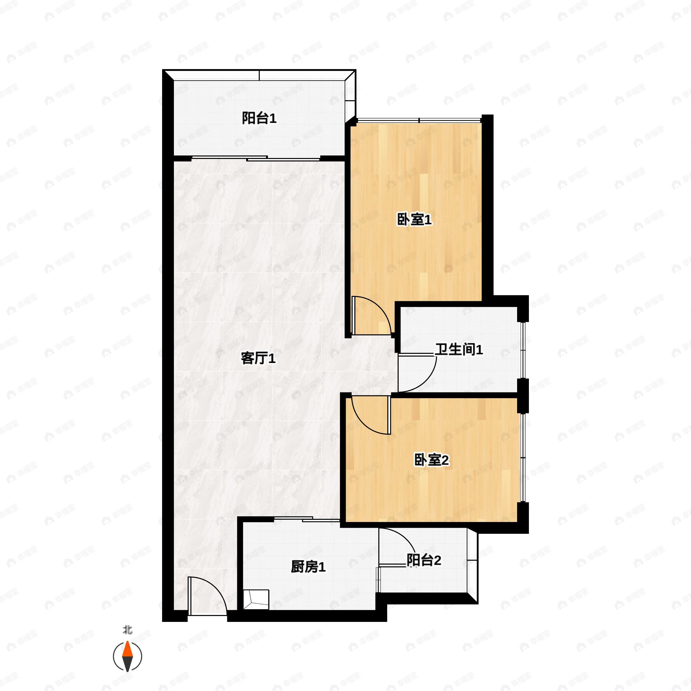 2室2厅1卫建面74m²北户型图