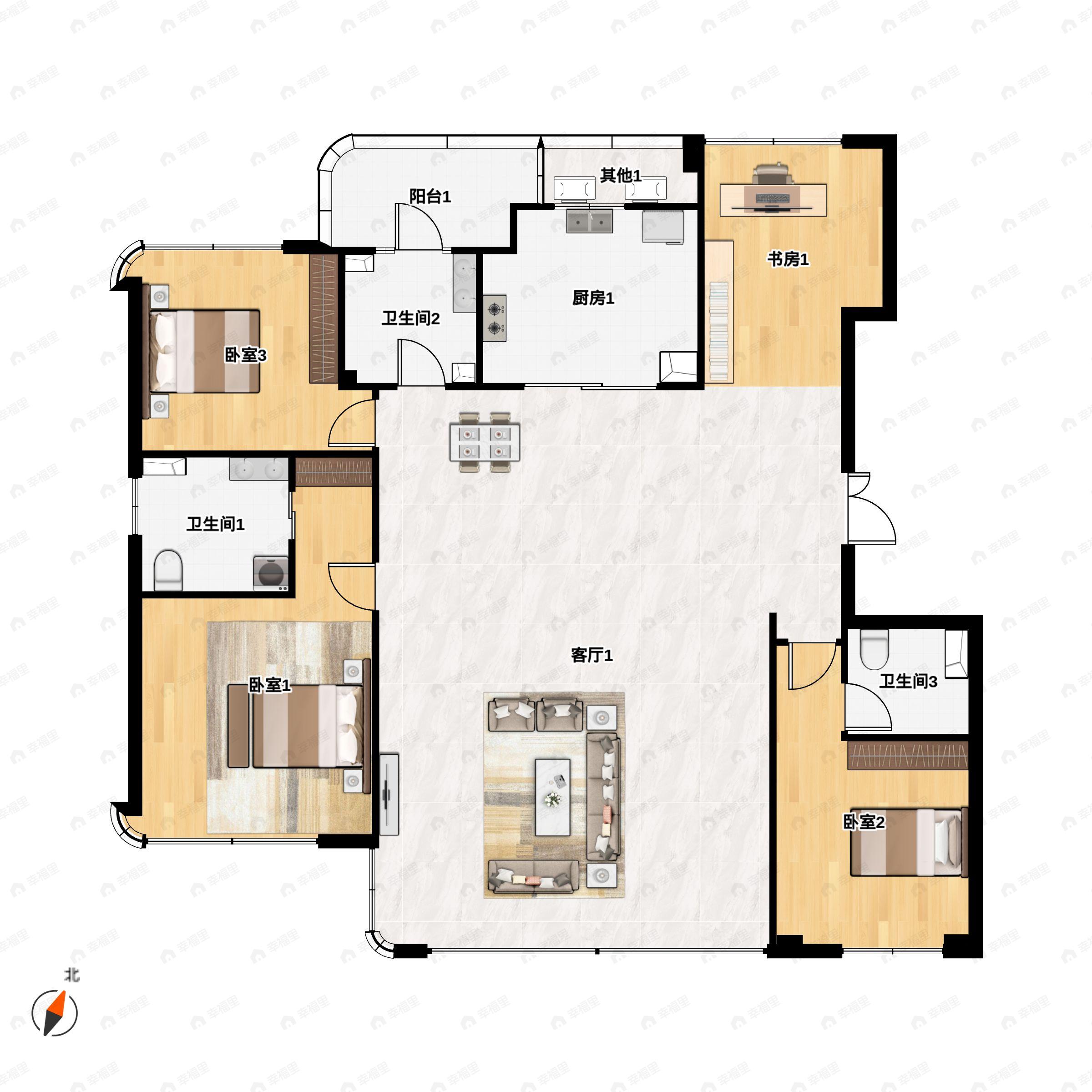 4室2厅3卫建面200m²南|北户型图