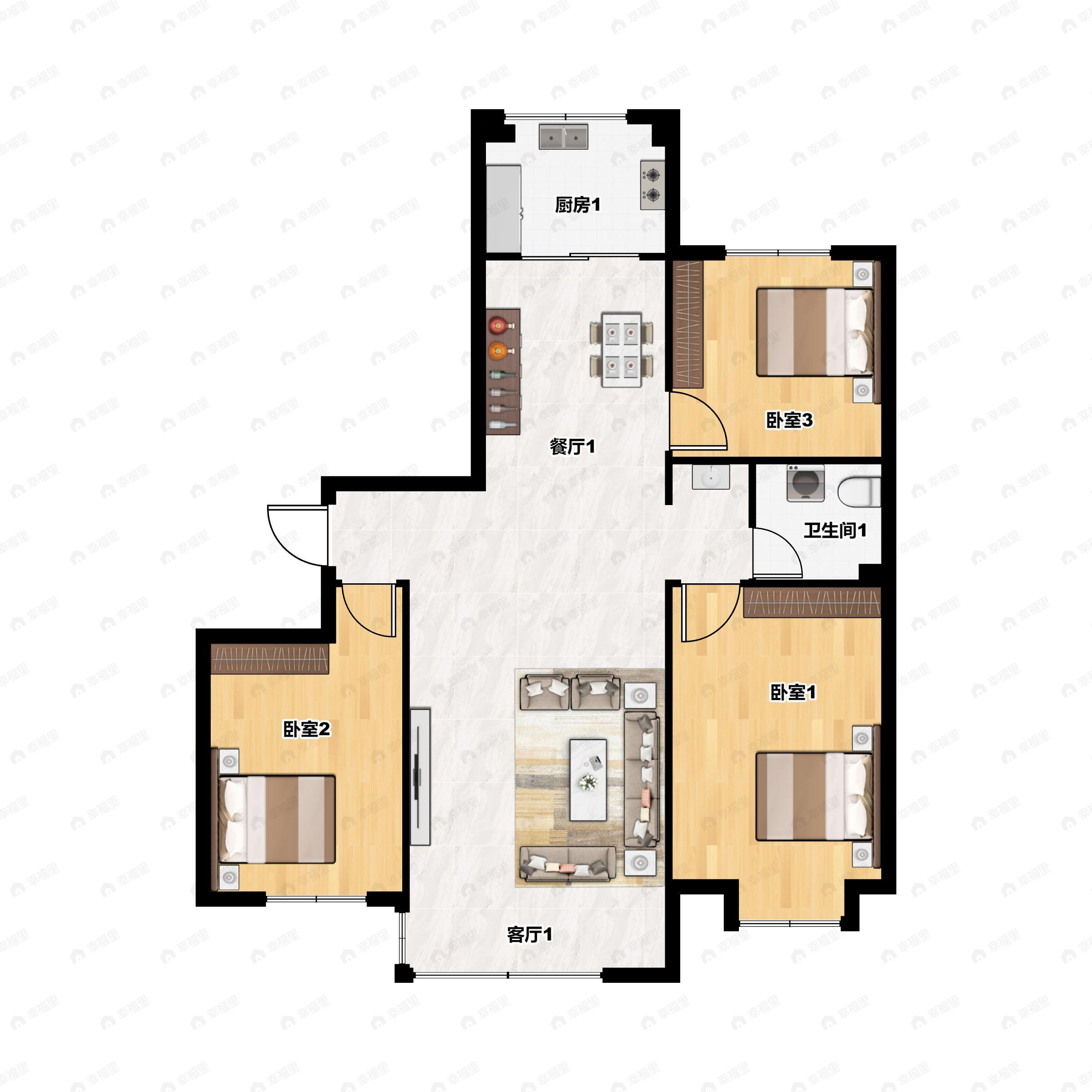 3室2厅1卫建面114m²南|北户型图