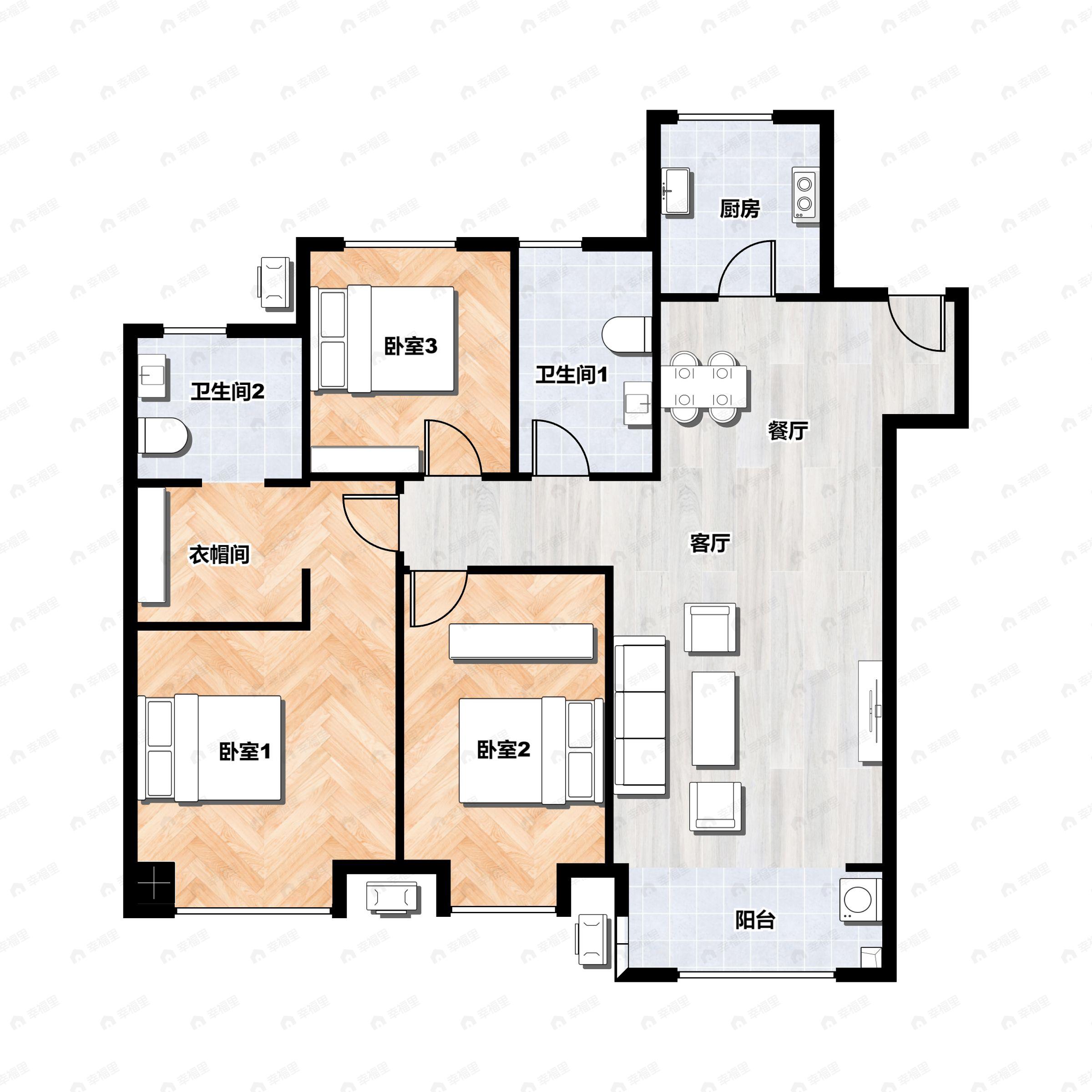 3室2厅2卫建面119平北|南户型图