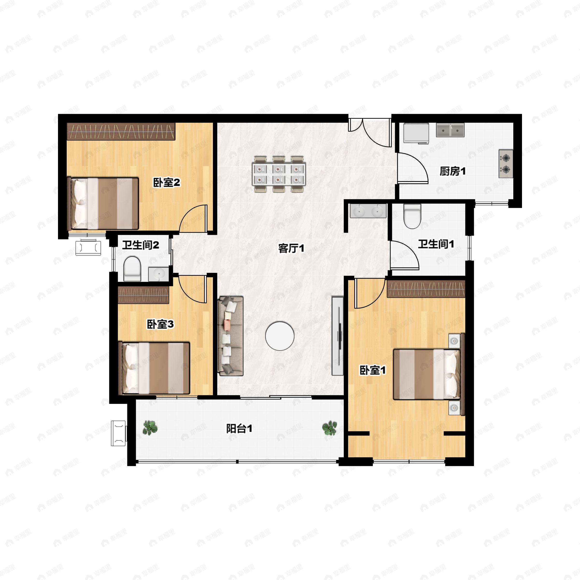 3室2厅2卫建面129平南|北户型图