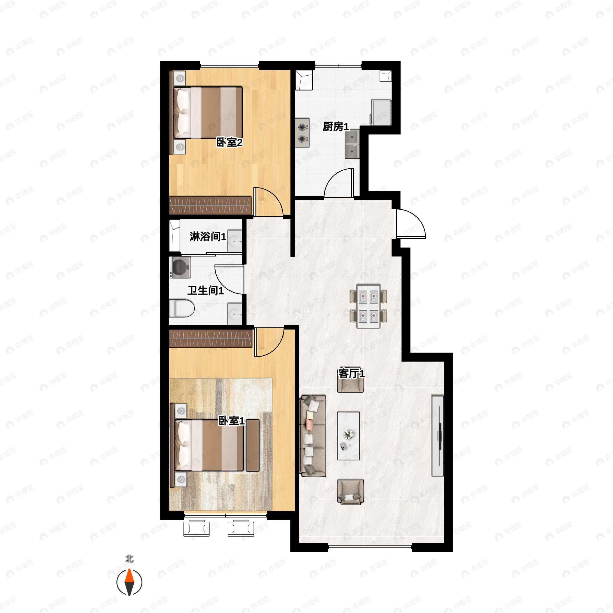 2室2厅1卫建面83m²南户型图