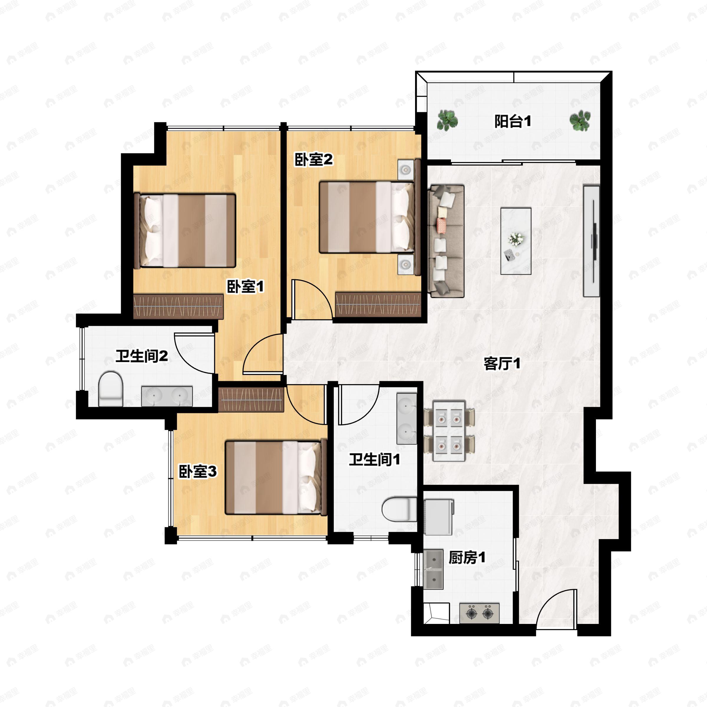 3室2厅2卫建面88平户型图