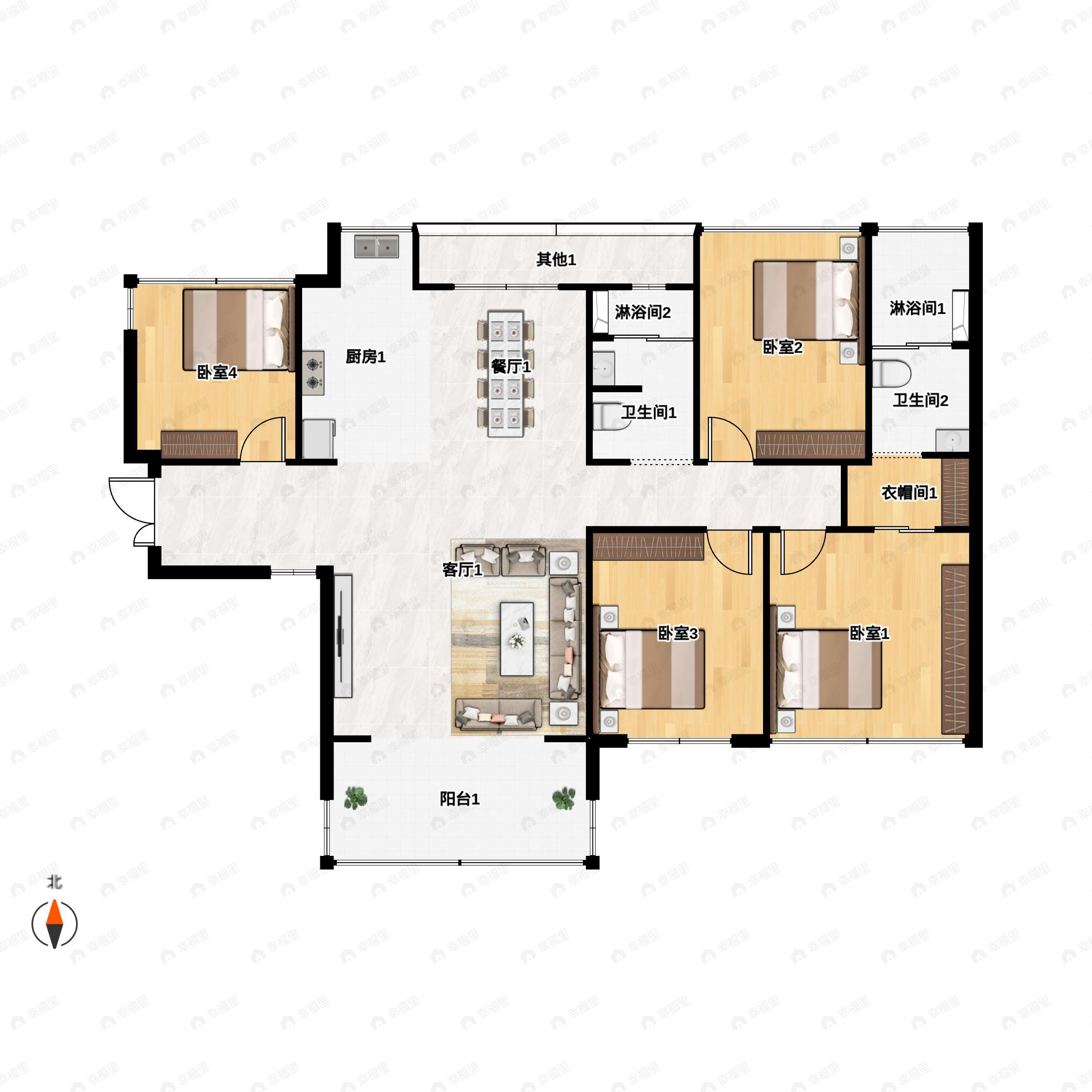 4室2厅2卫建面125平北户型图