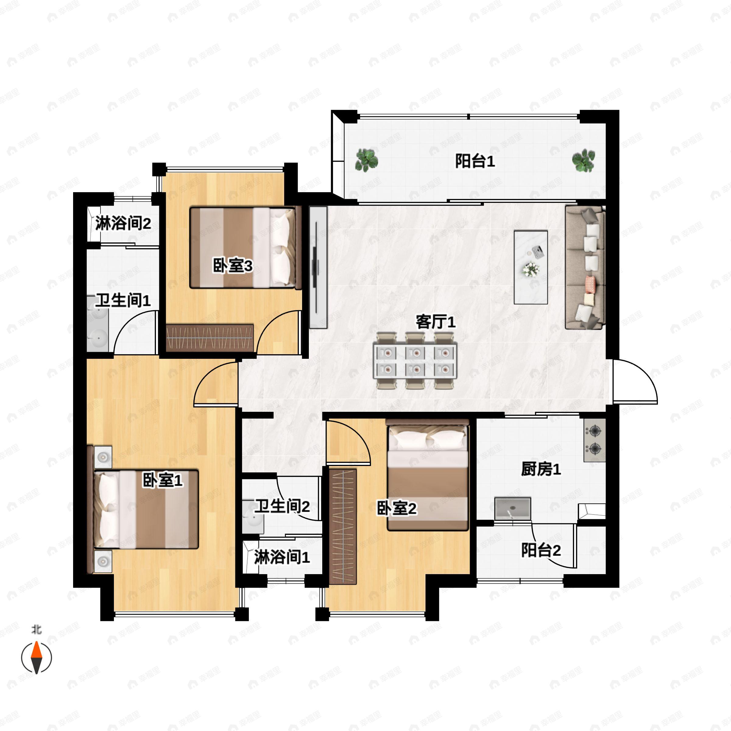 3室2厅2卫建面126平户型图