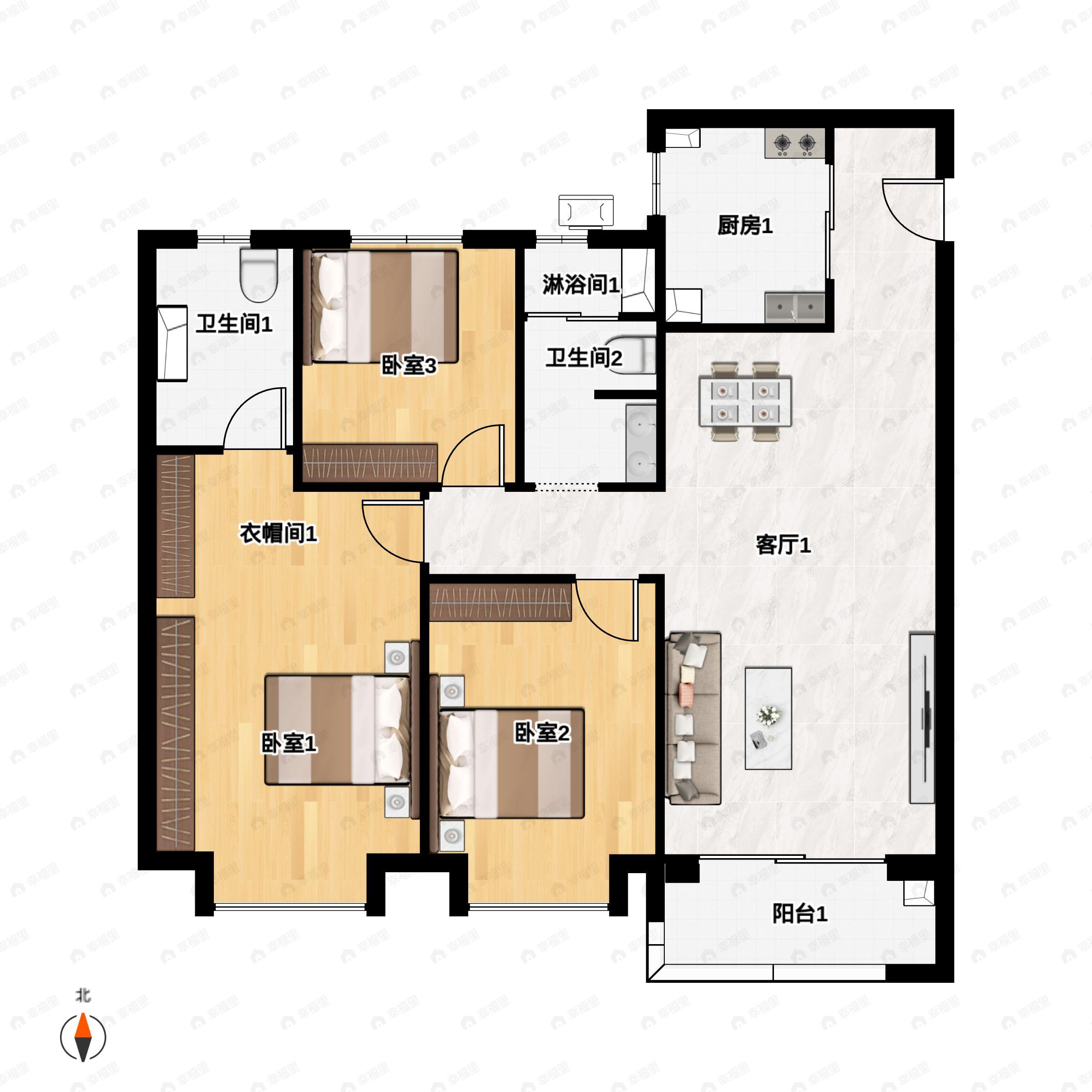 3室2厅2卫建面134平北|南户型图