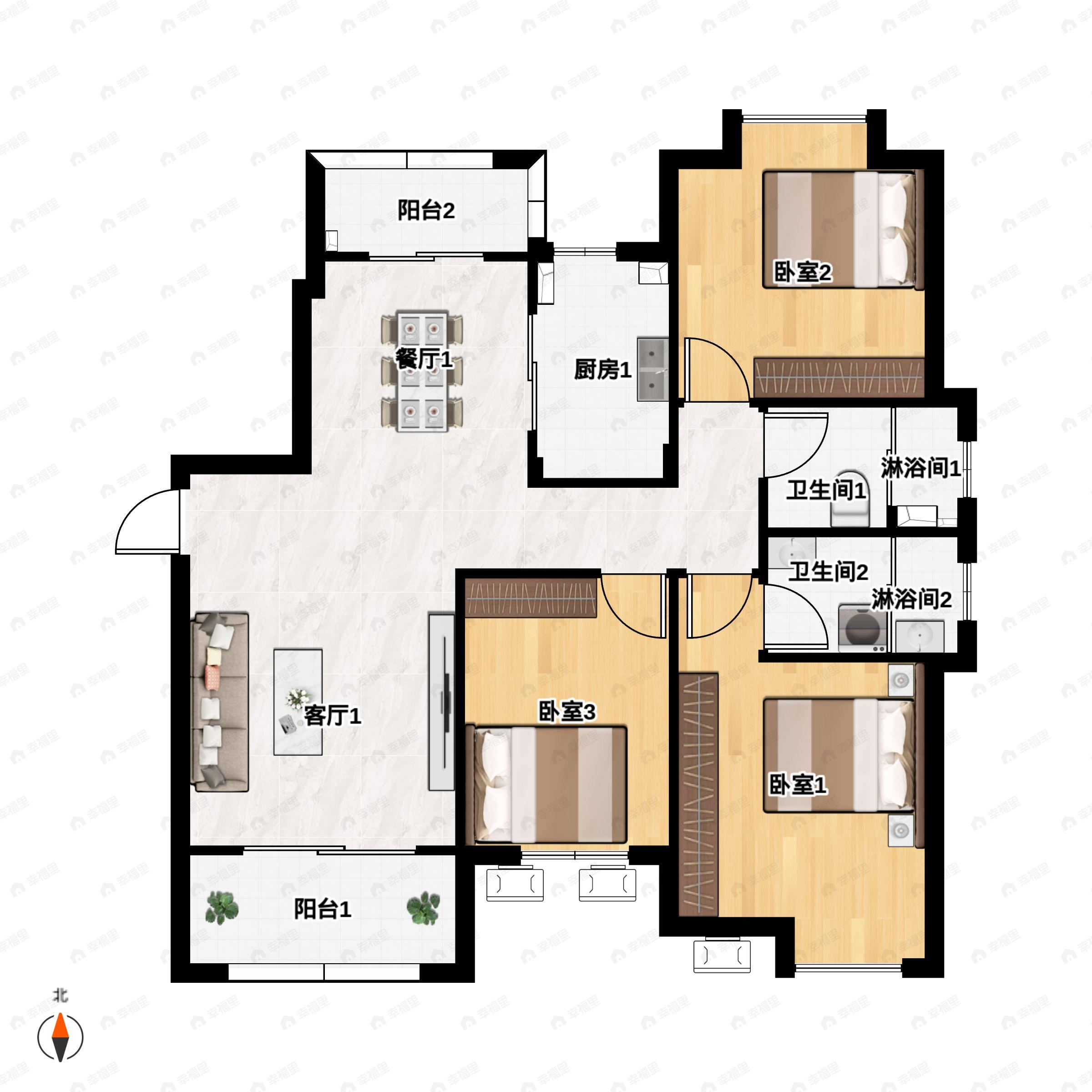 3室2厅2卫建面124平户型图