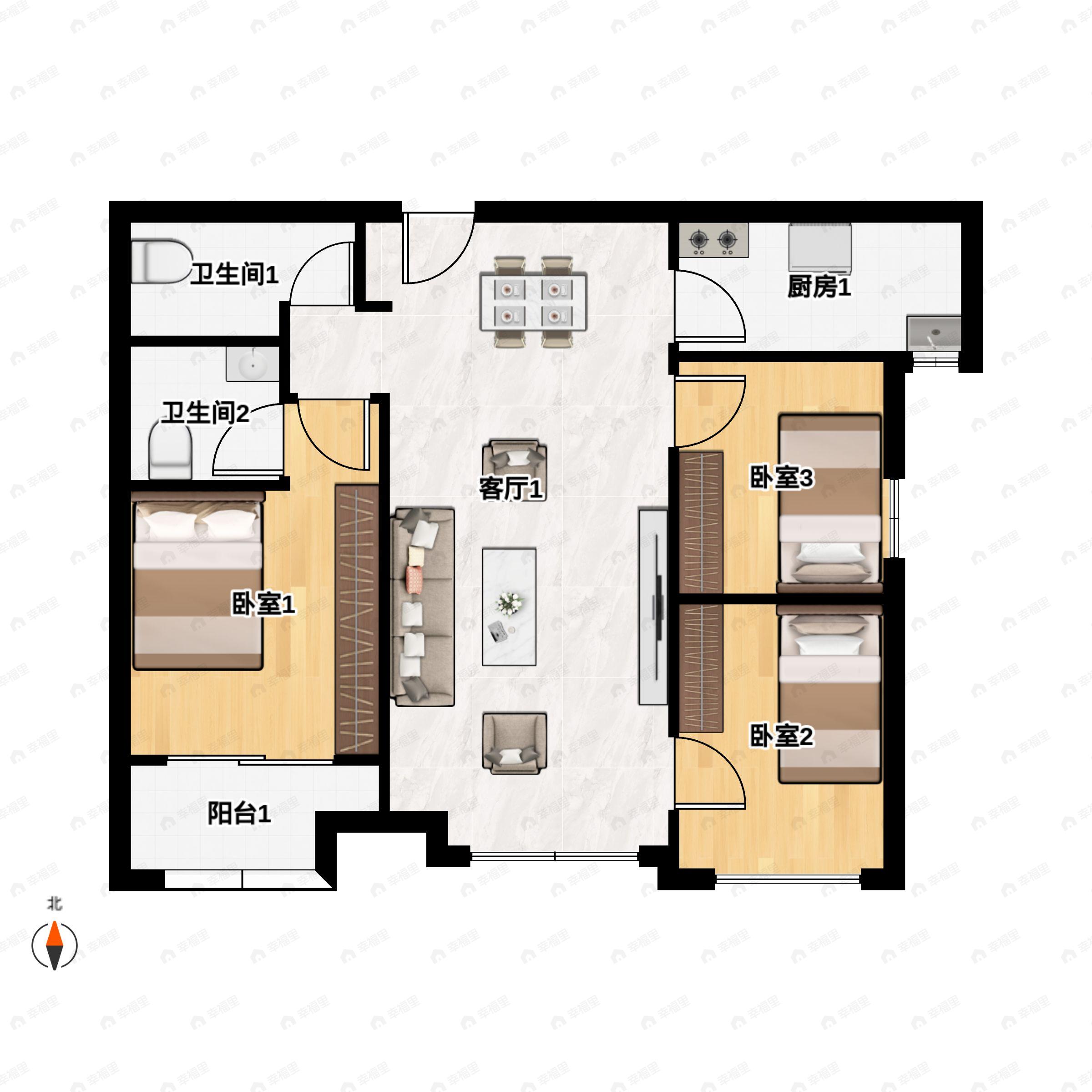 3室2厅2卫建面101平北|南户型图