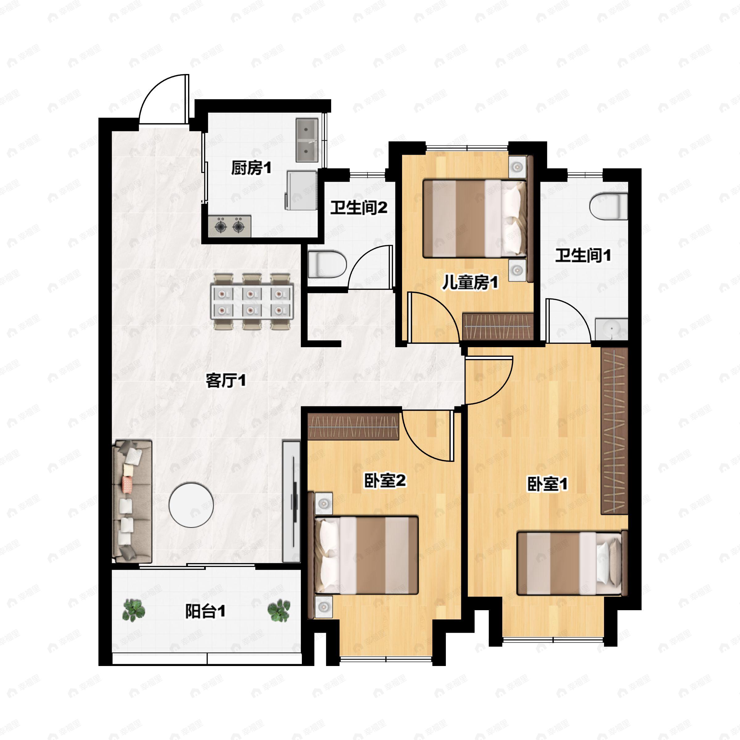 3室2厅2卫建面93平户型图