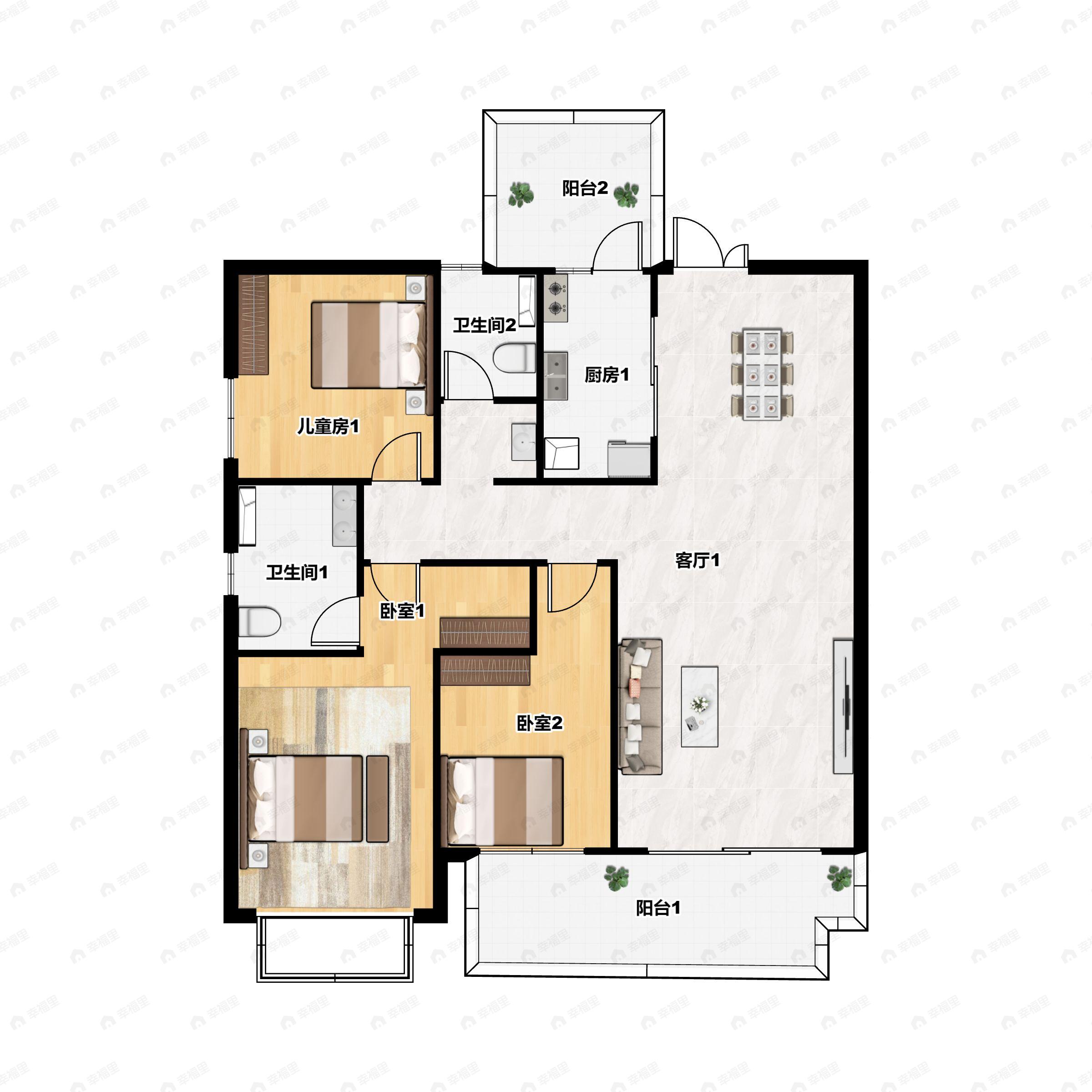 3室2厅2卫建面120平南户型图