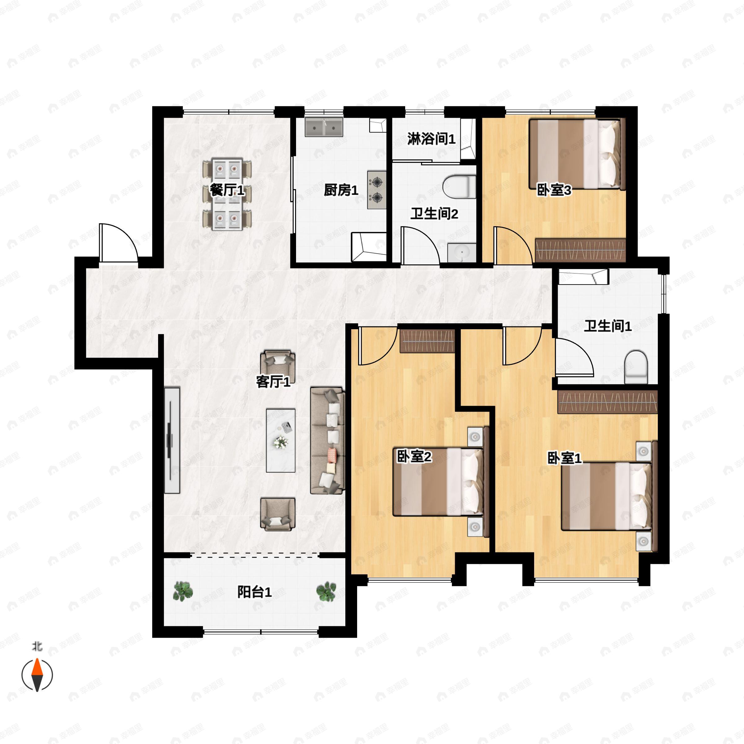 3室2厅2卫建面119平南|北户型图