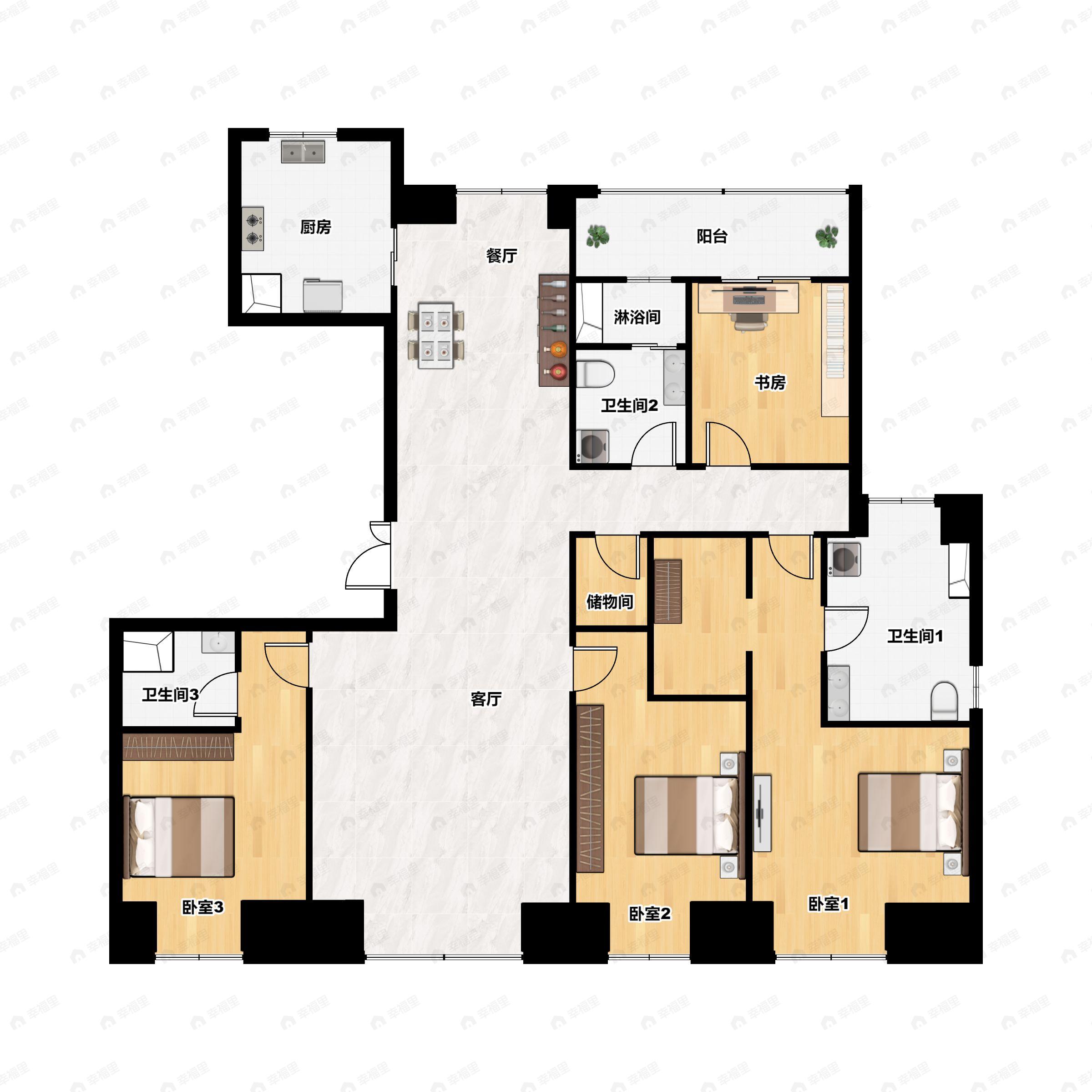 4室2厅3卫建面204平户型图