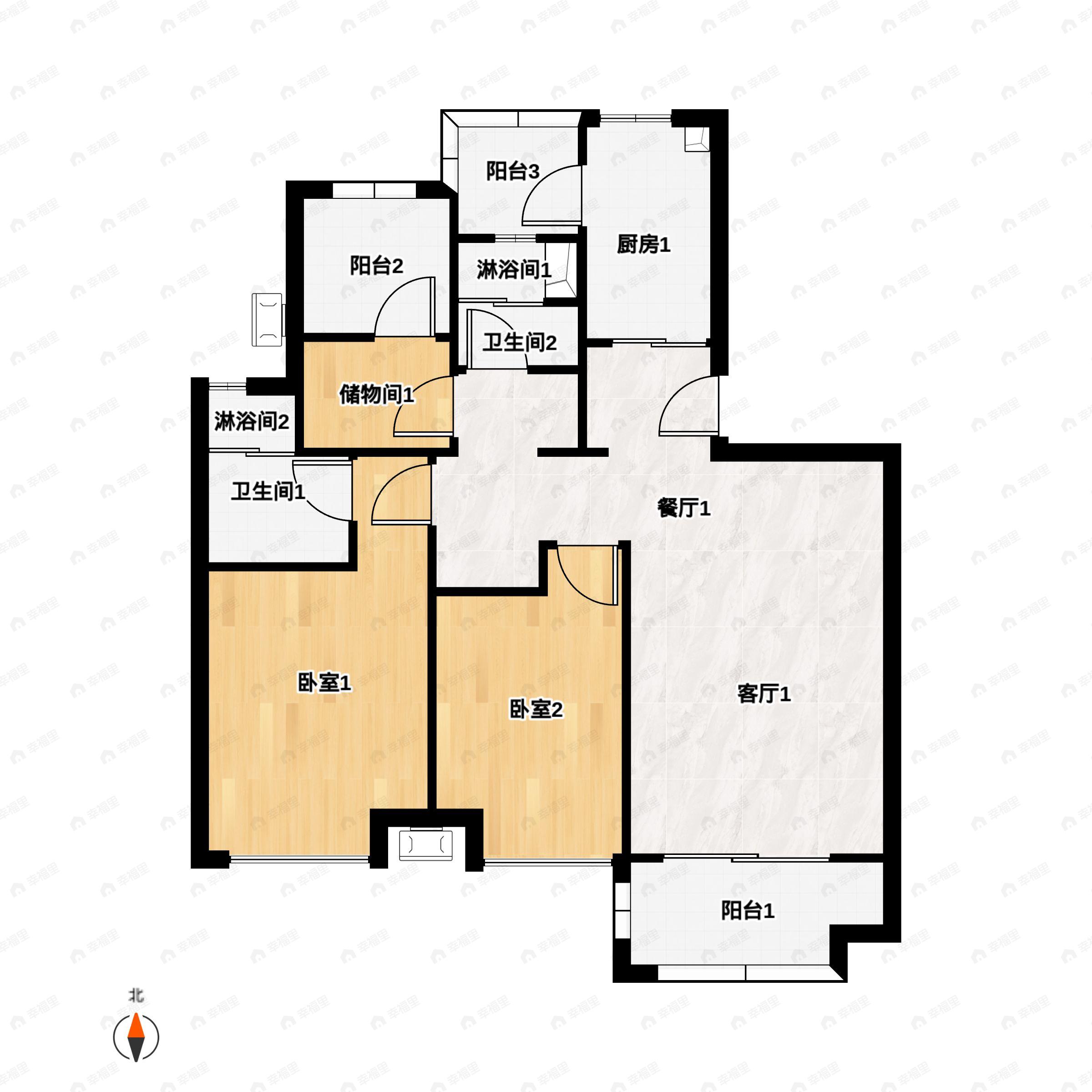 3室2厅2卫建面100平南户型图