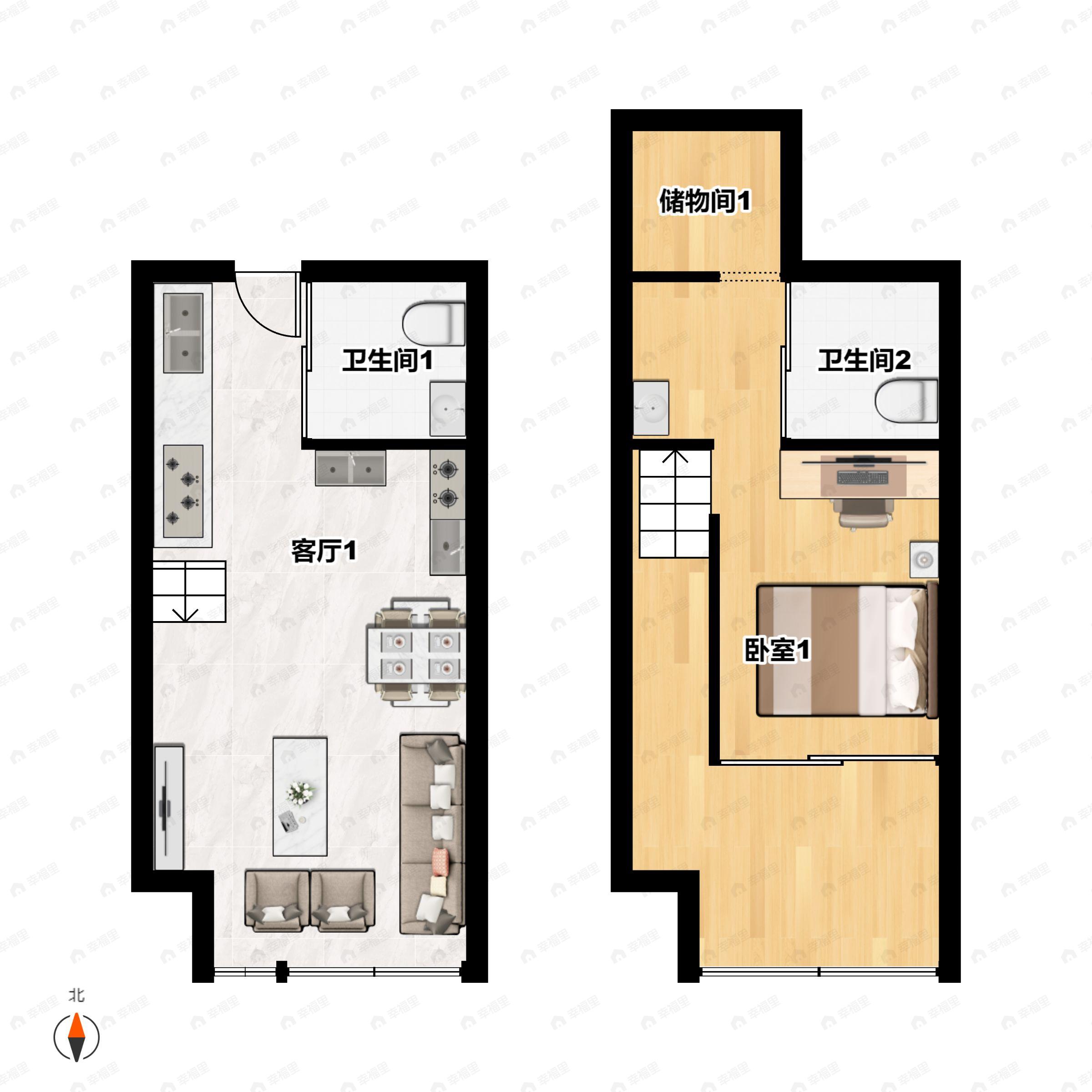 1室1厅2卫建面48平南户型图