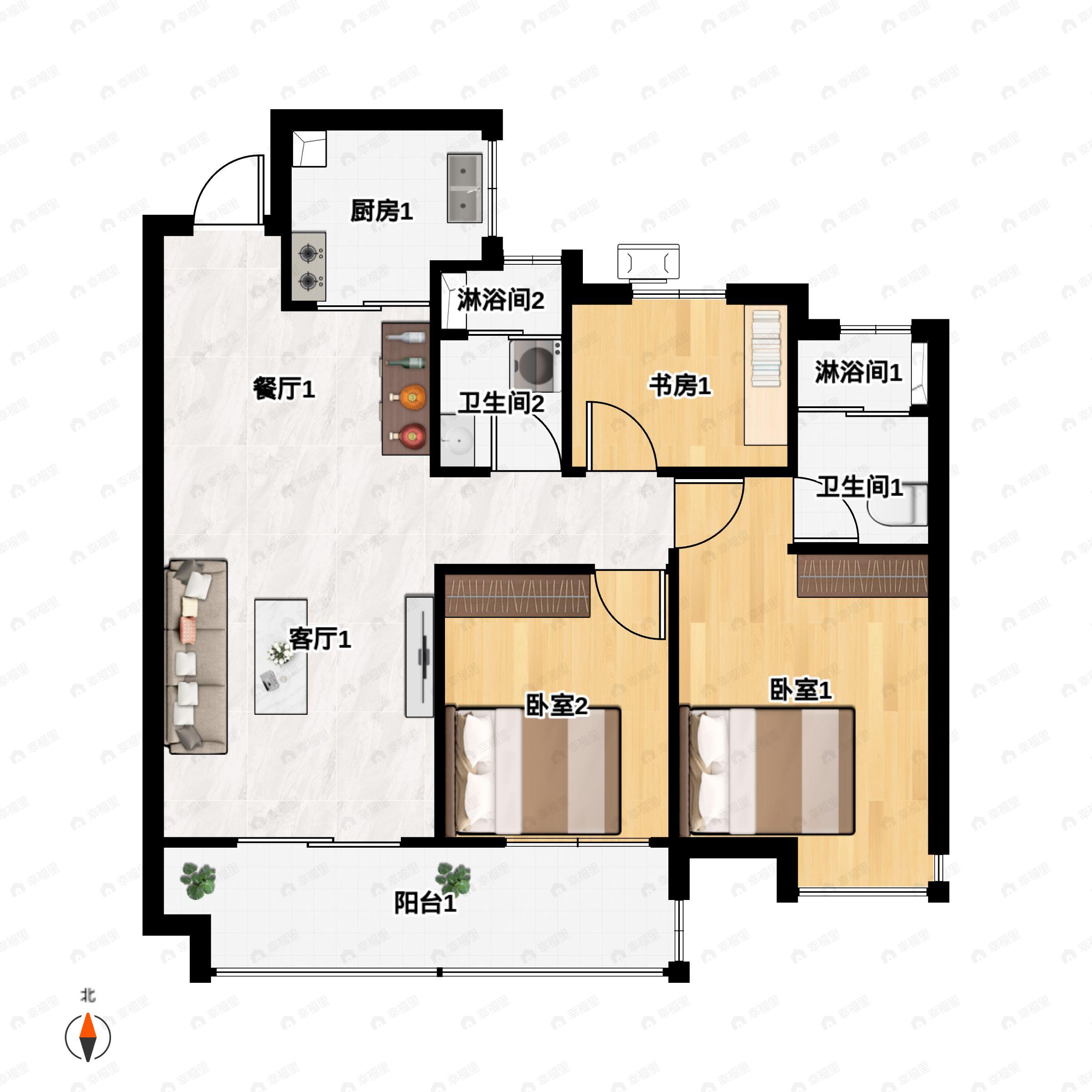 3室2厅2卫建面107平户型图