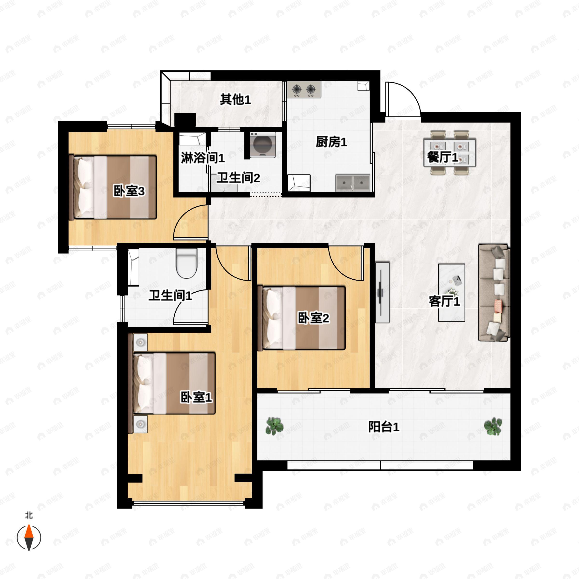 3室2厅2卫建面105m²南户型图
