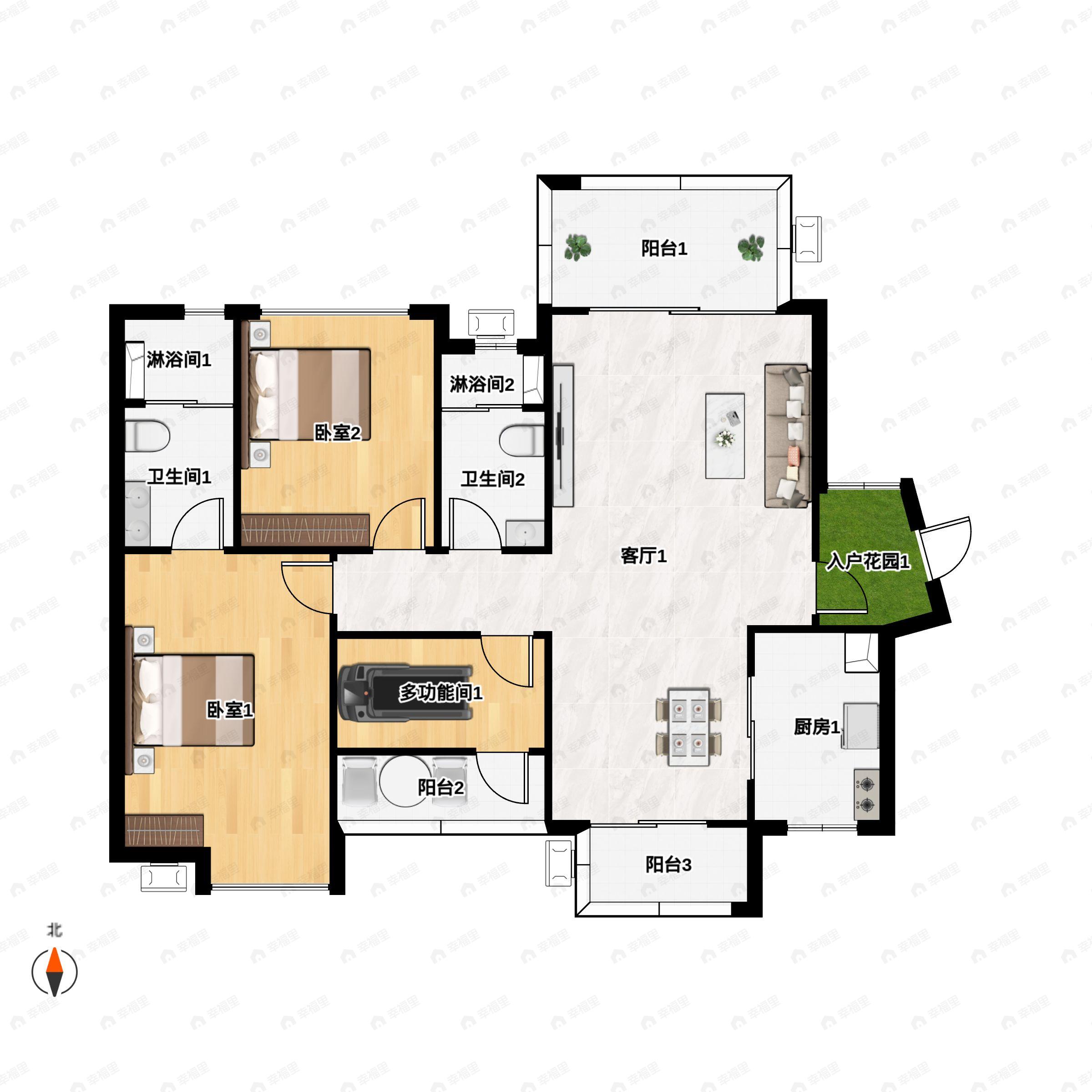 3室2厅2卫建面108m²北|南户型图