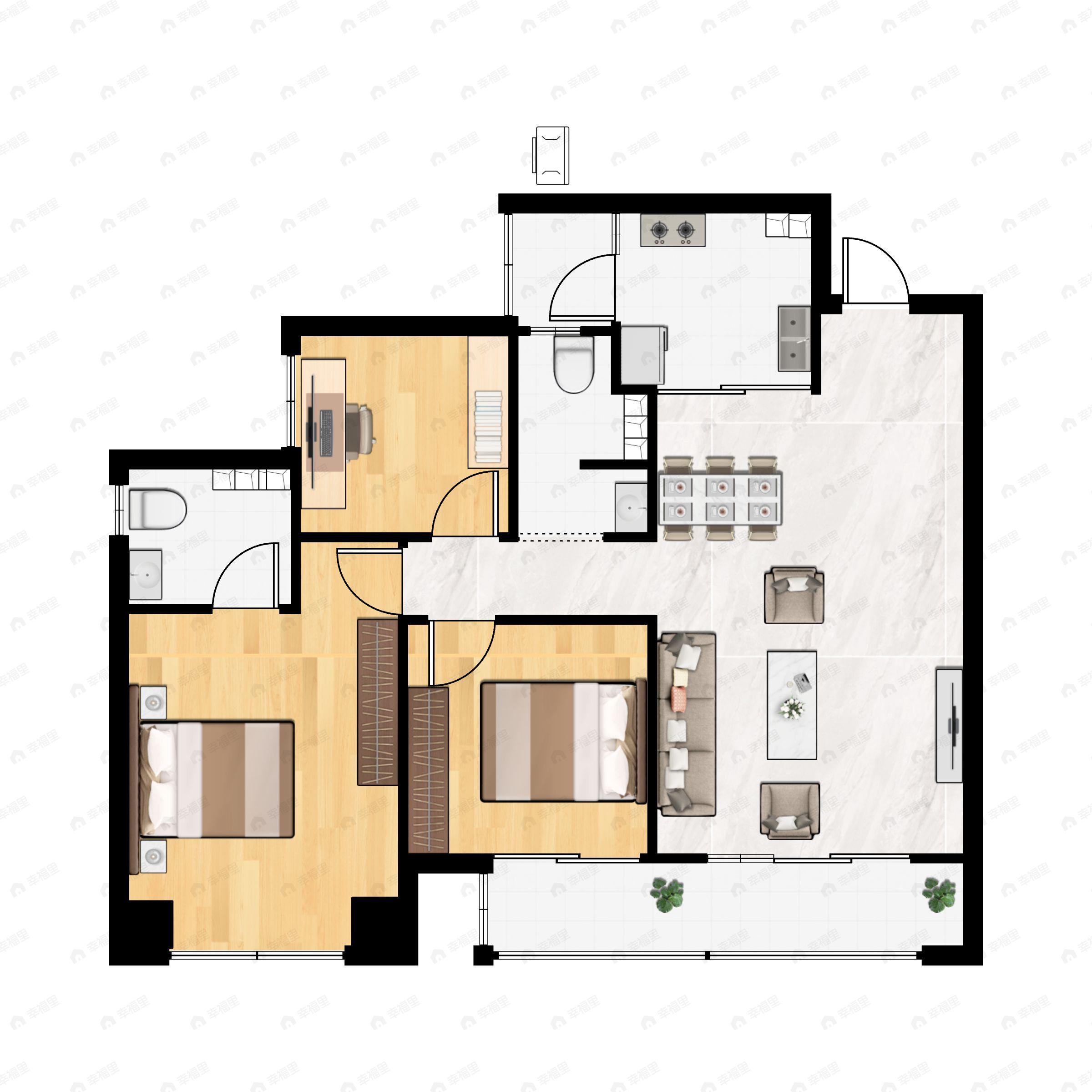 3室2厅2卫建面110m²南户型图