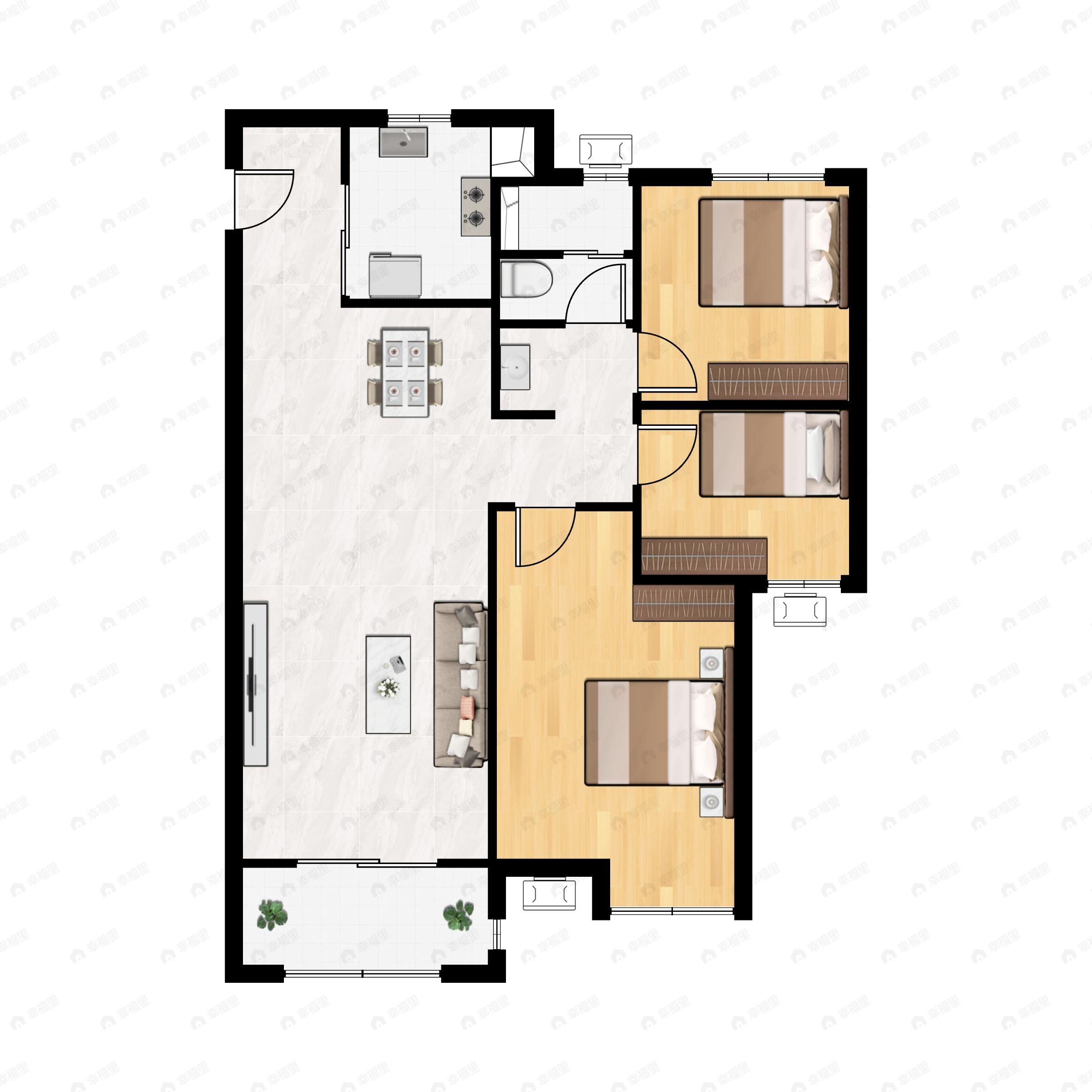 3室2厅1卫建面95m²南户型图