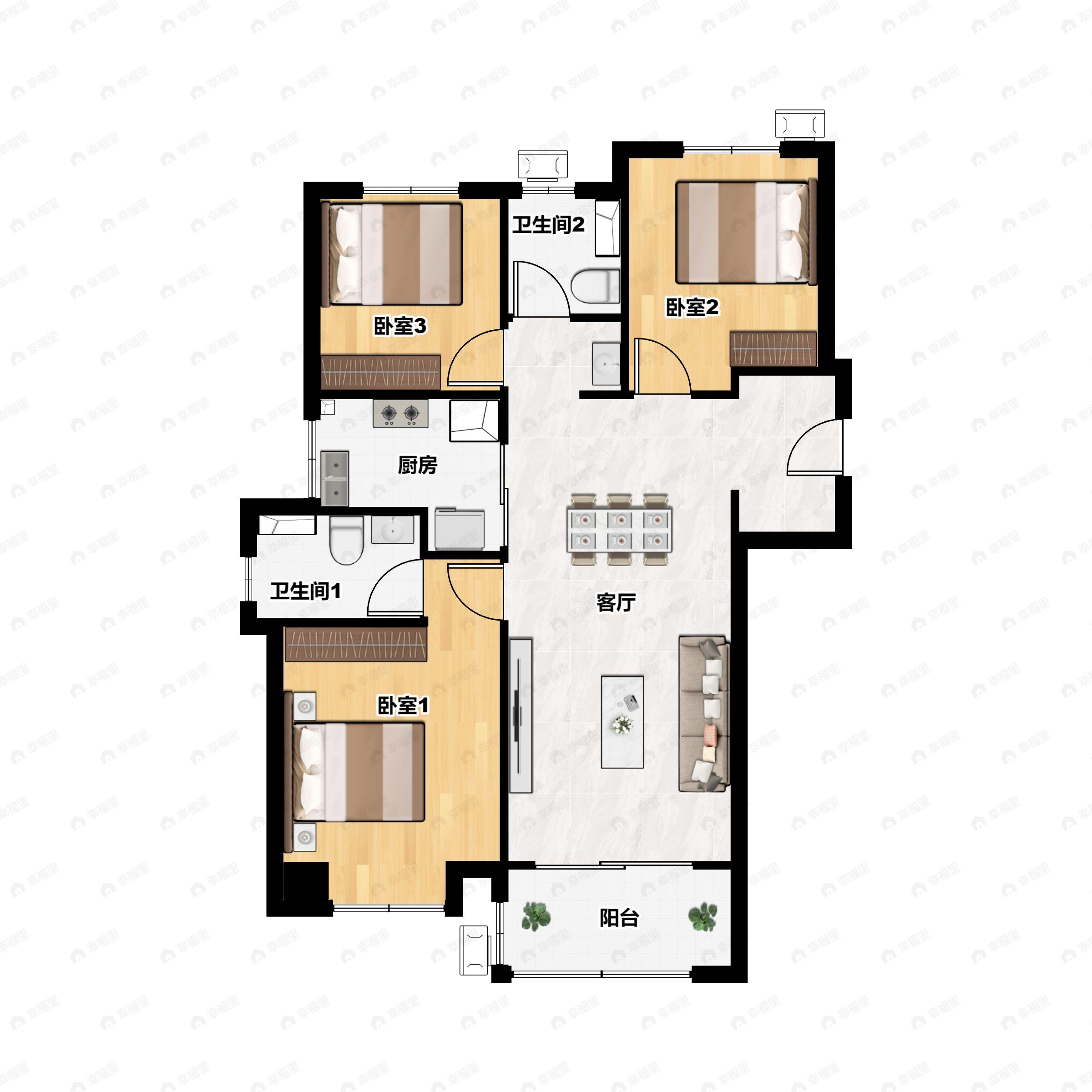 3室2厅2卫建面113m²北|南户型图