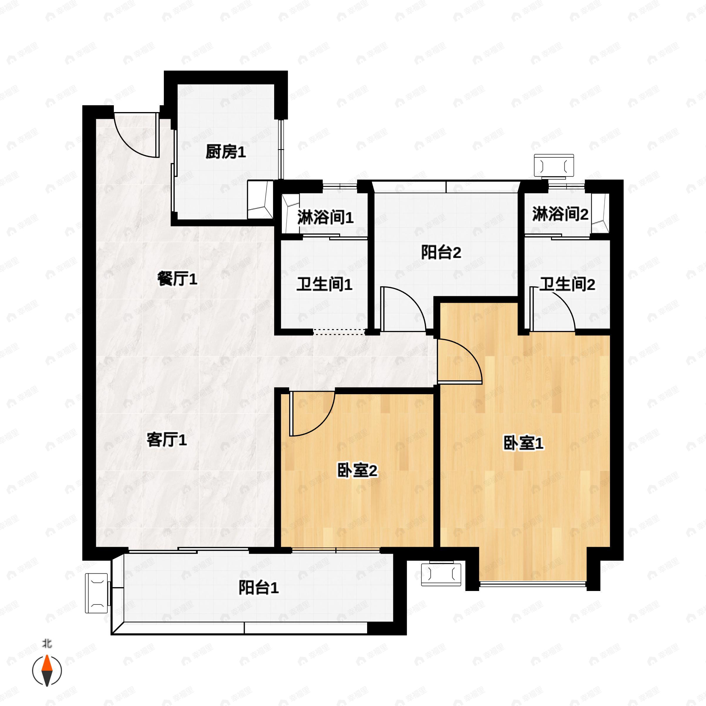 2室2厅2卫建面107平户型图