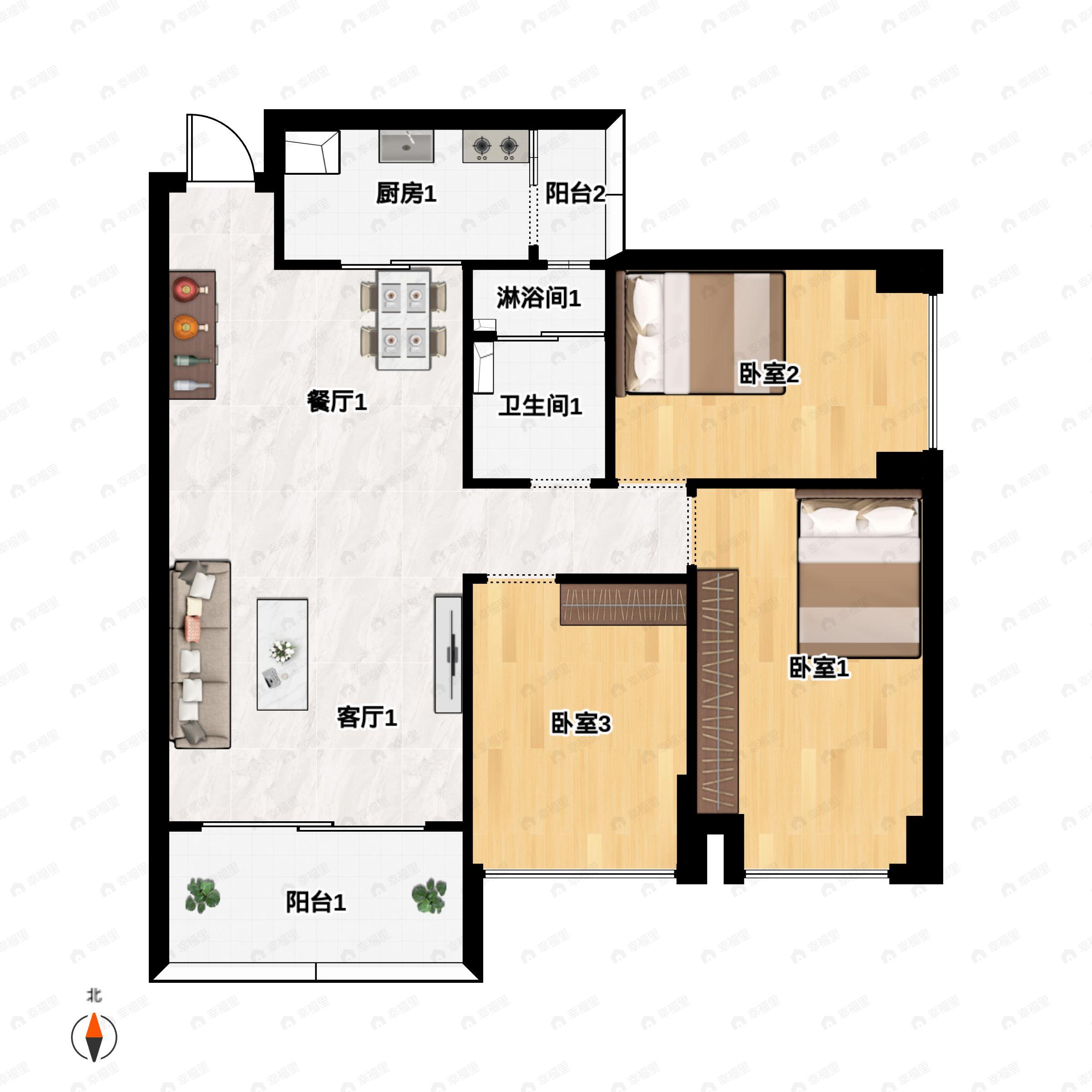 鸿瑞壹品3室2厅1卫户型图