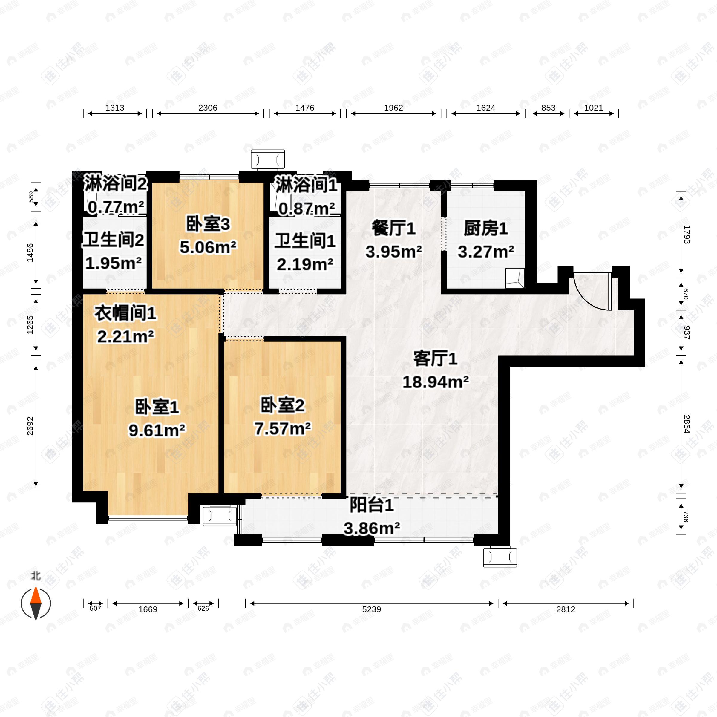 3室2厅2卫建面131平南|北户型图