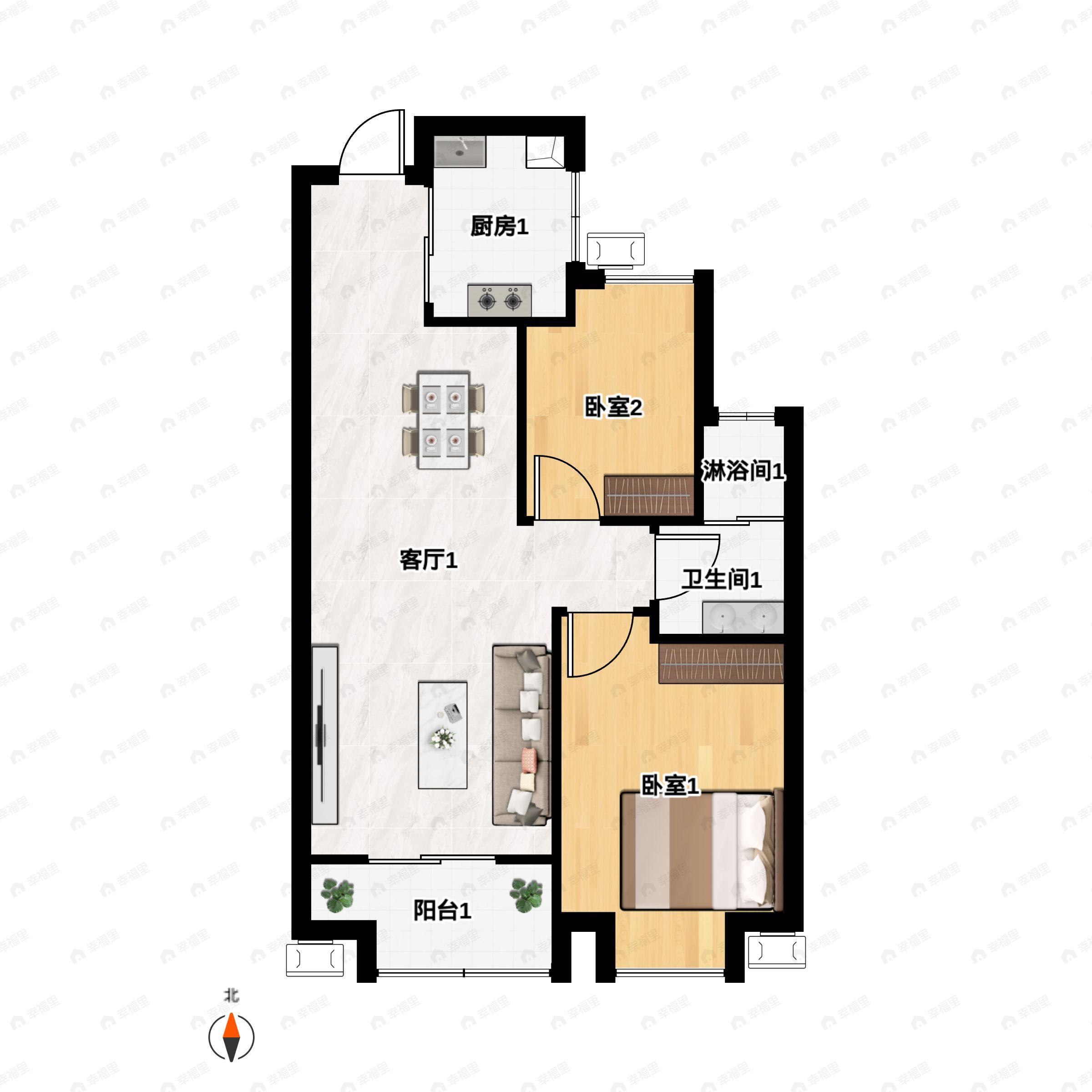 2室2厅1卫建面80平户型图