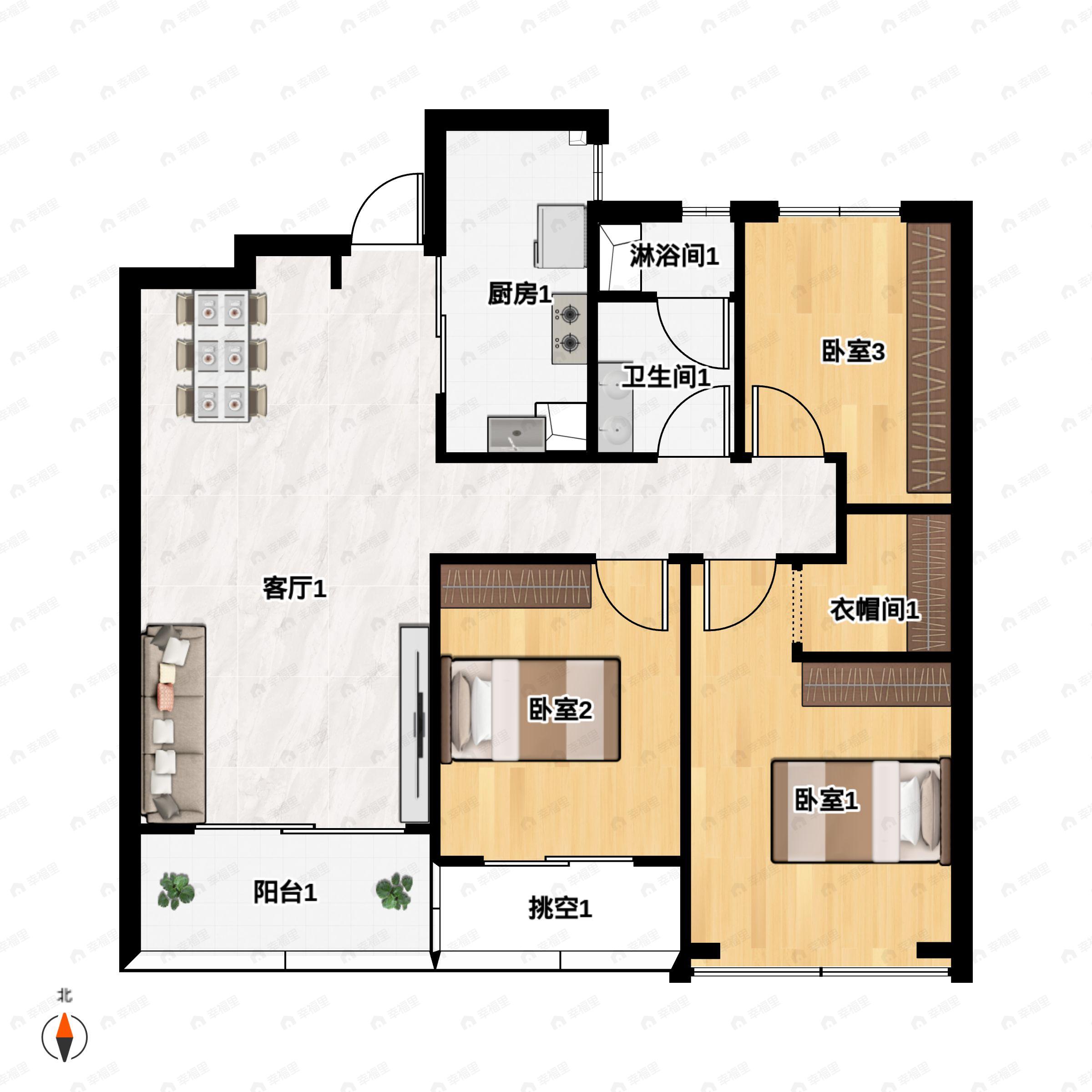3室2厅1卫建面99m²南户型图