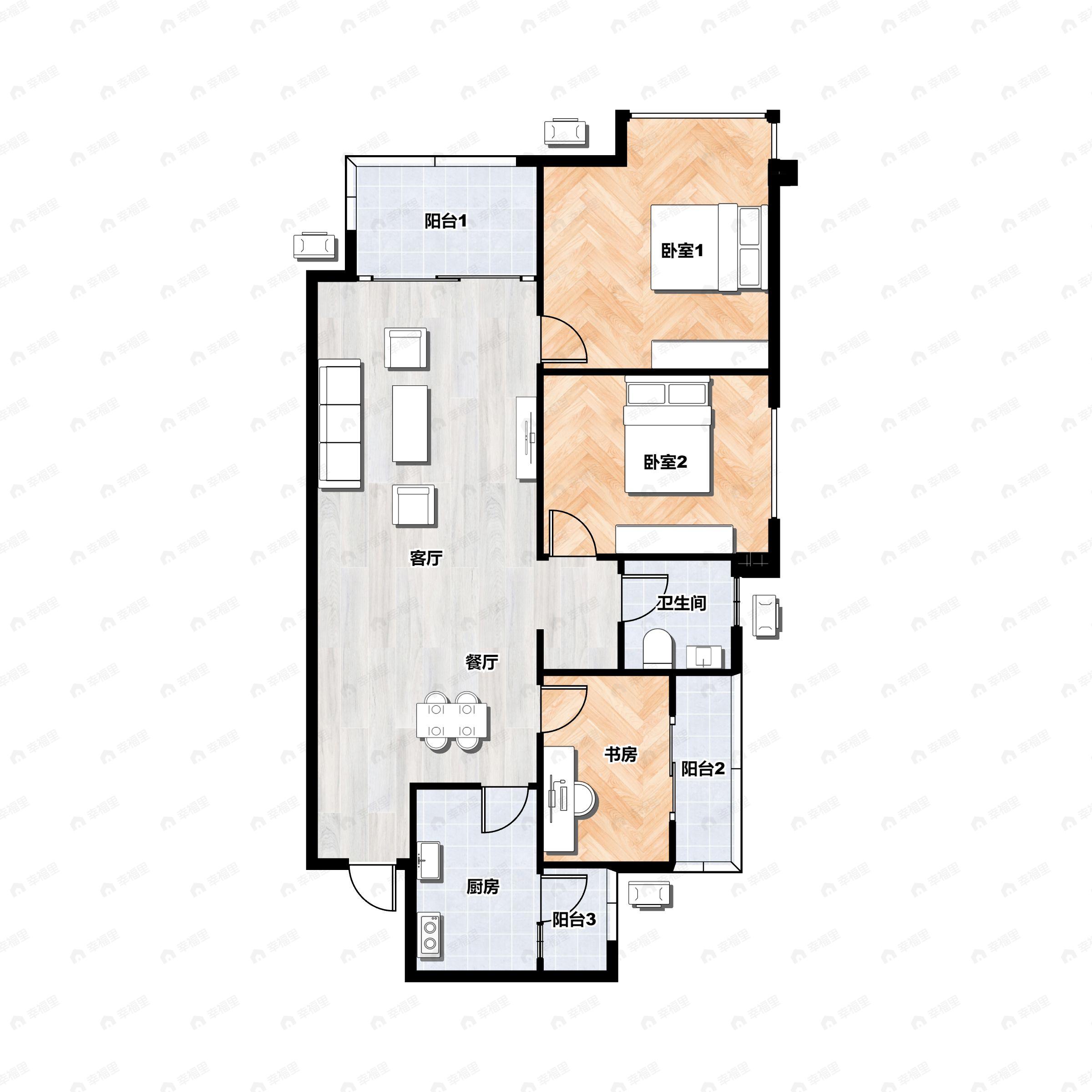 3室2厅1卫建面98m²南户型图