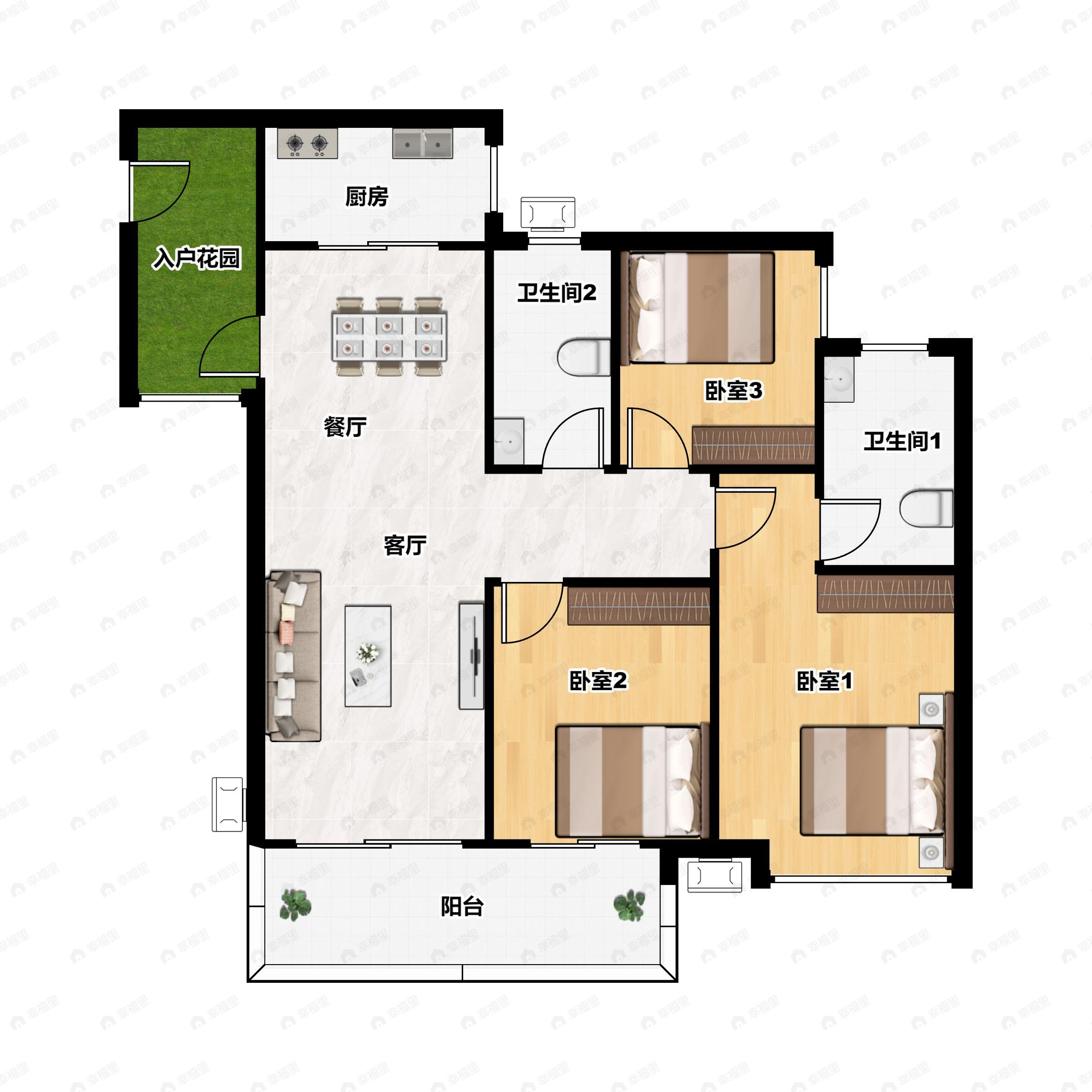 3室2厅2卫建面98平东南户型图